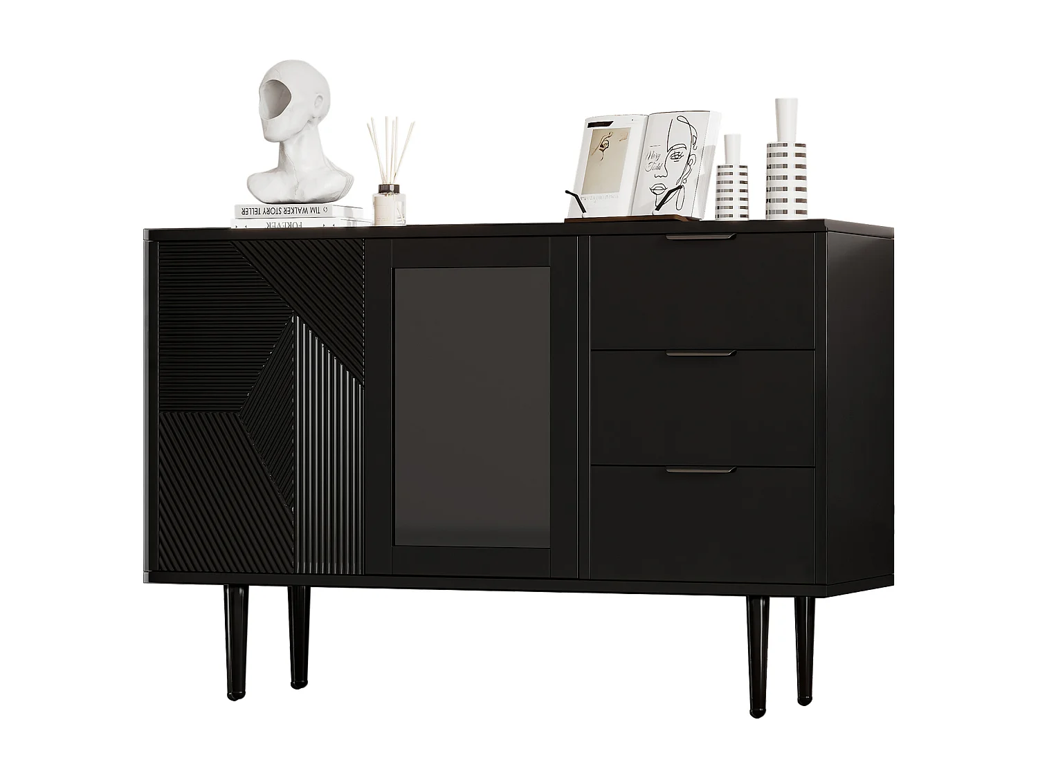 Commode avec 3 tiroirs et 2 portes, avec pieds en bois et portes en verre, panneaux de particules, noir, 120 x 38 x 79,5 cm