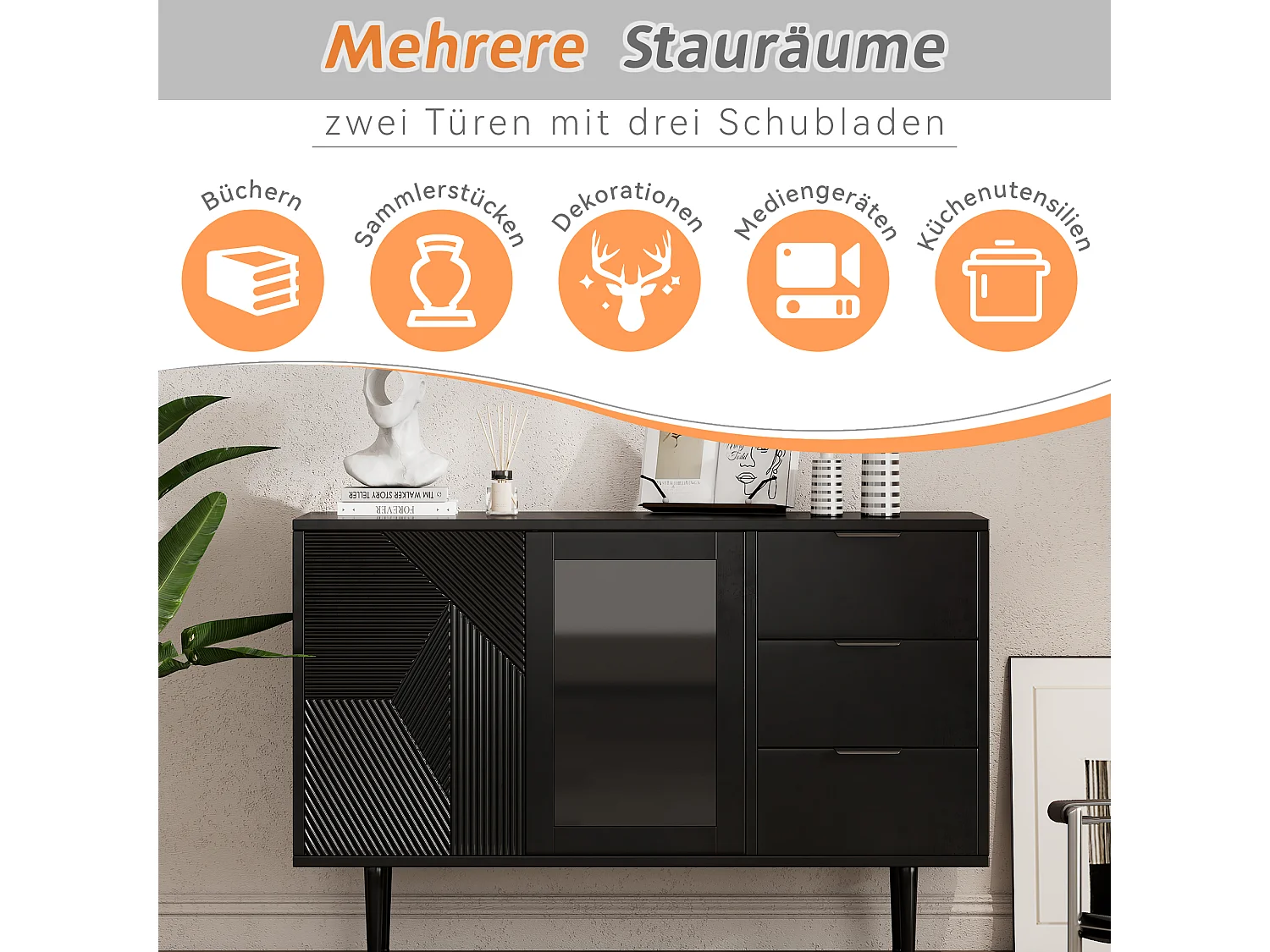 Commode avec 3 tiroirs et 2 portes, avec pieds en bois et portes en verre, panneaux de particules, noir, 120 x 38 x 79,5 cm