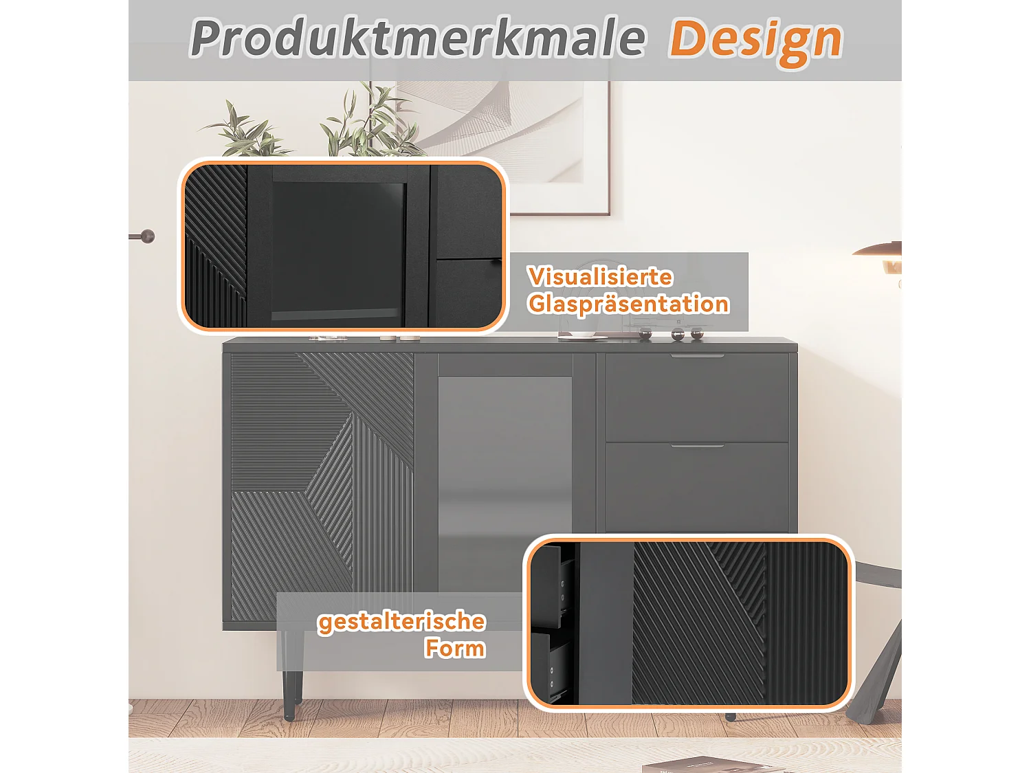 Commode avec 3 tiroirs et 2 portes, avec pieds en bois et portes en verre, panneaux de particules, noir, 120 x 38 x 79,5 cm