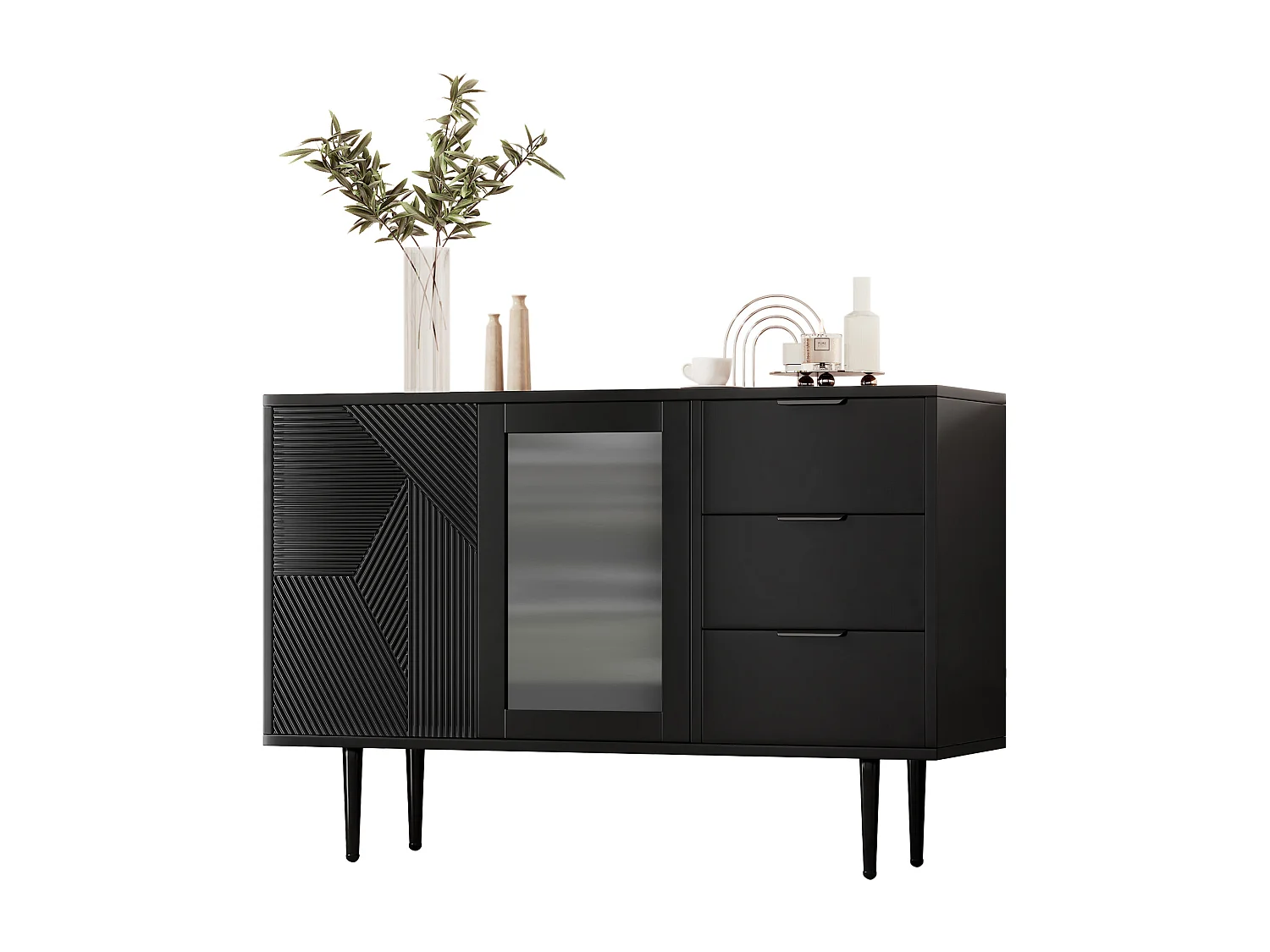 Commode avec 3 tiroirs et 2 portes, avec pieds en bois et portes en verre, panneaux de particules, noir, 120 x 38 x 79,5 cm