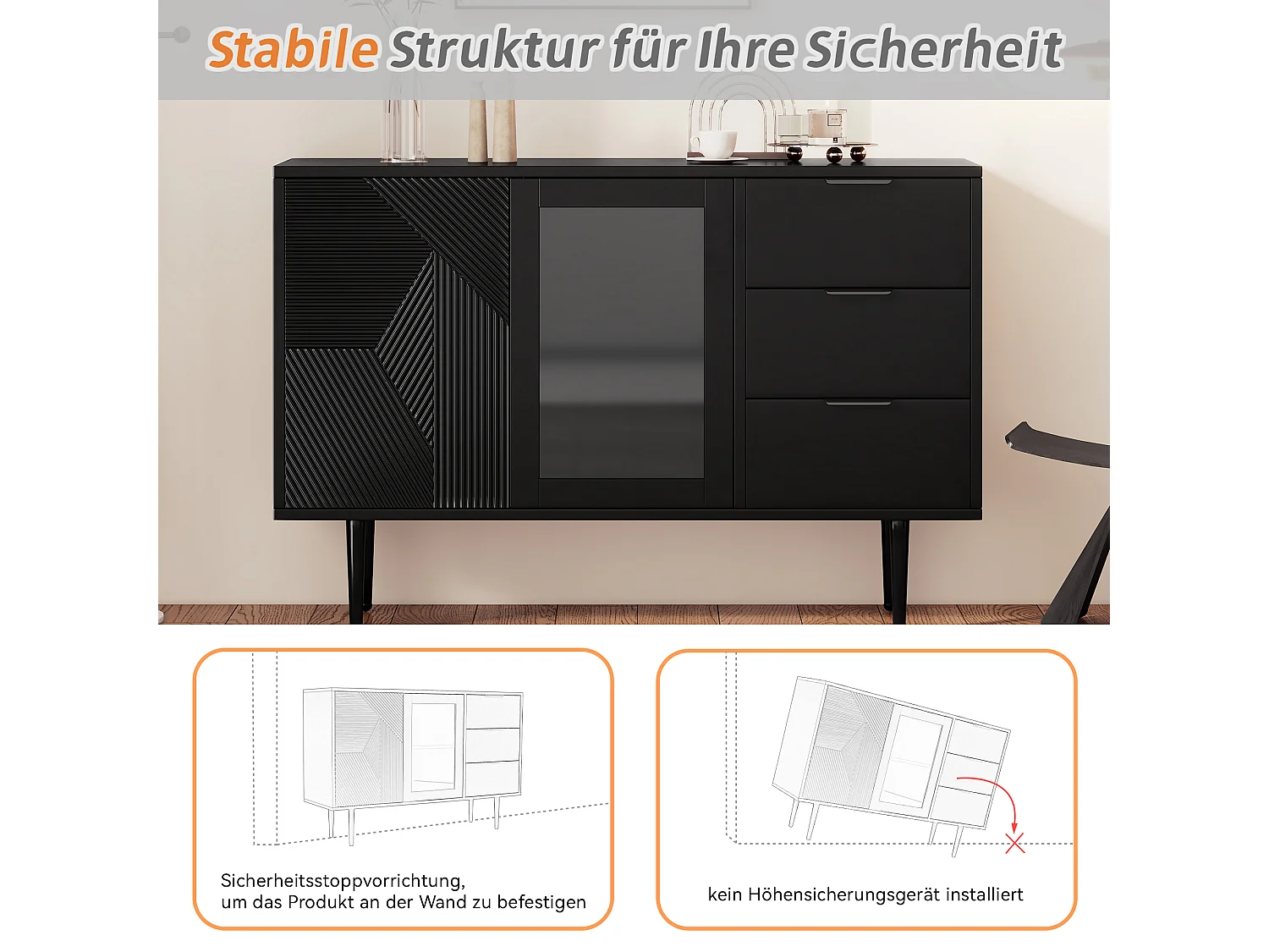 Commode avec 3 tiroirs et 2 portes, avec pieds en bois et portes en verre, panneaux de particules, noir, 120 x 38 x 79,5 cm