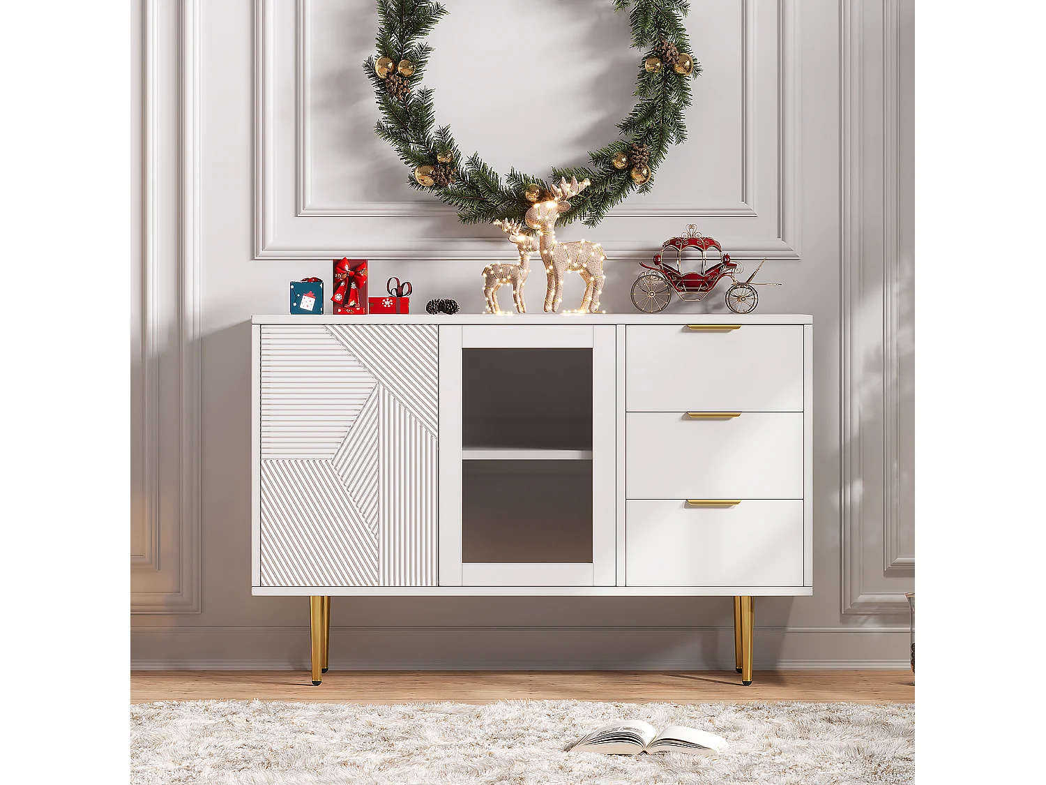 Cômoda com 3 gavetas e 2 portas, com pés de madeira e portas de vidro, aglomerado, branco, 120 x 38 x 79,5 cm