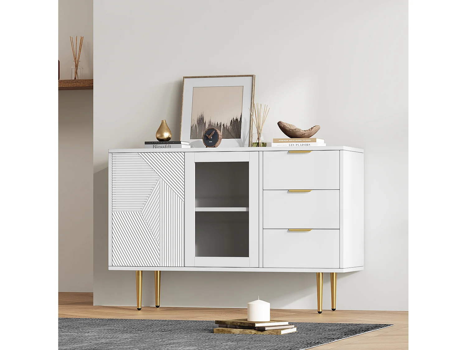 Cômoda com 3 gavetas e 2 portas, com pés de madeira e portas de vidro, aglomerado, branco, 120 x 38 x 79,5 cm