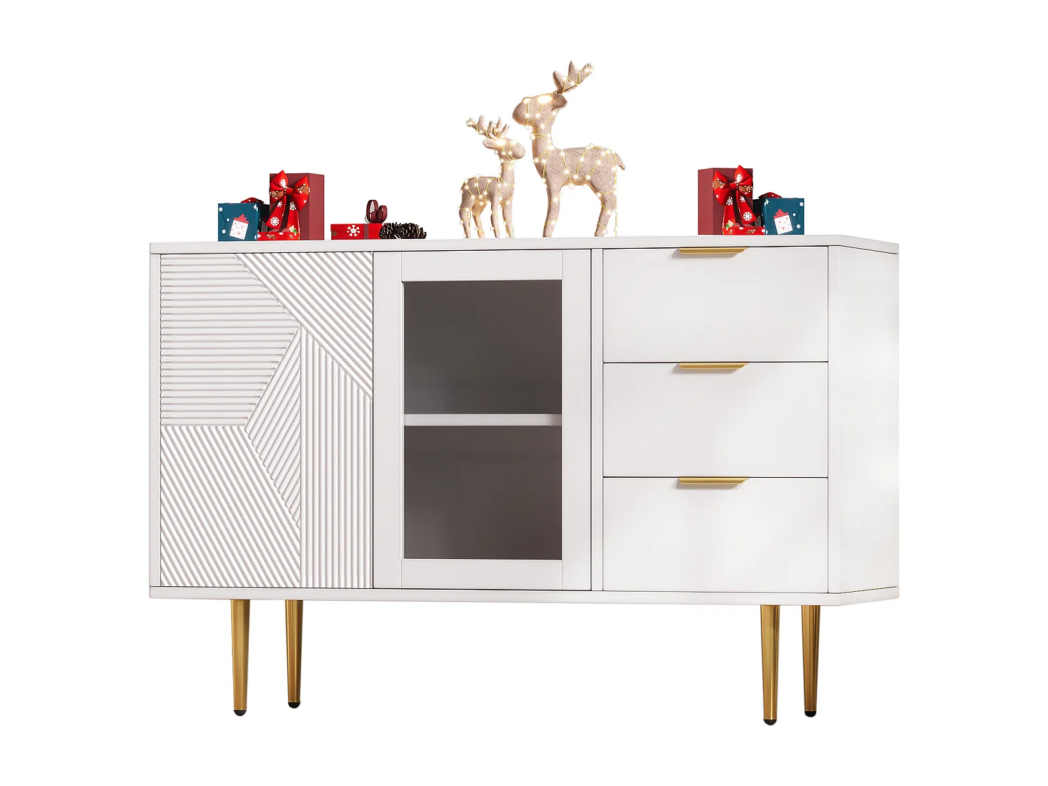 Cômoda com 3 gavetas e 2 portas, com pés de madeira e portas de vidro, aglomerado, branco, 120 x 38 x 79,5 cm