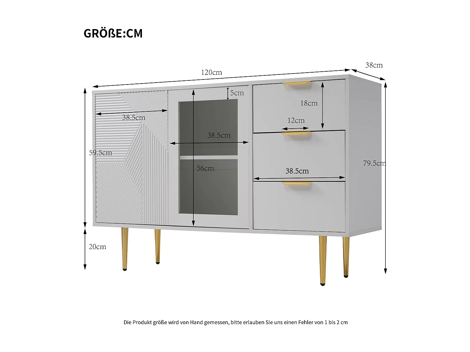 Cômoda com 3 gavetas e 2 portas, com pés de madeira e portas de vidro, aglomerado, branco, 120 x 38 x 79,5 cm