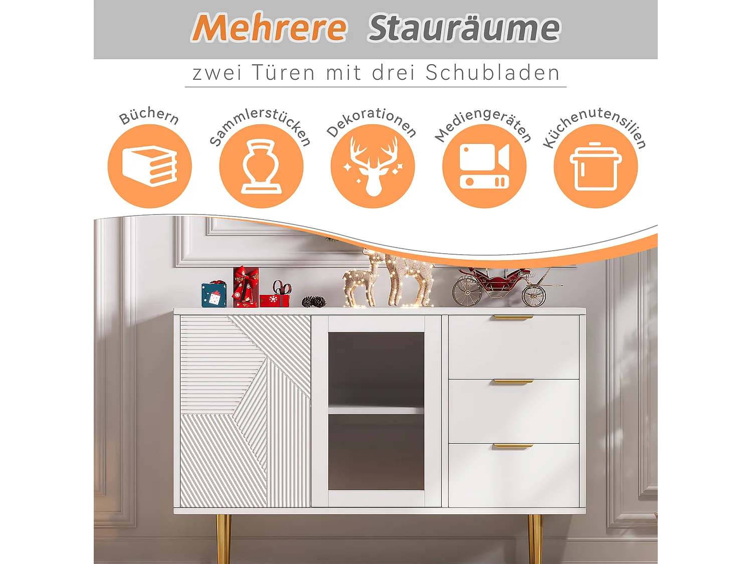 Cômoda com 3 gavetas e 2 portas, com pés de madeira e portas de vidro, aglomerado, branco, 120 x 38 x 79,5 cm