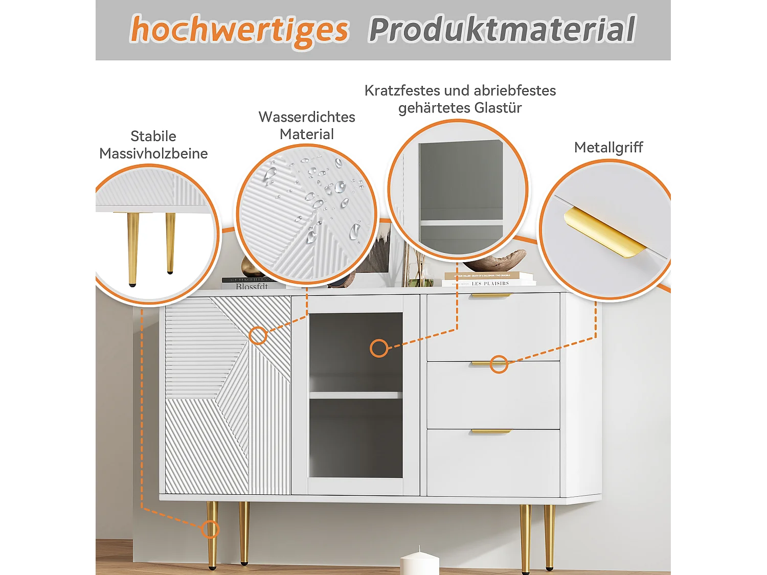 Cômoda com 3 gavetas e 2 portas, com pés de madeira e portas de vidro, aglomerado, branco, 120 x 38 x 79,5 cm