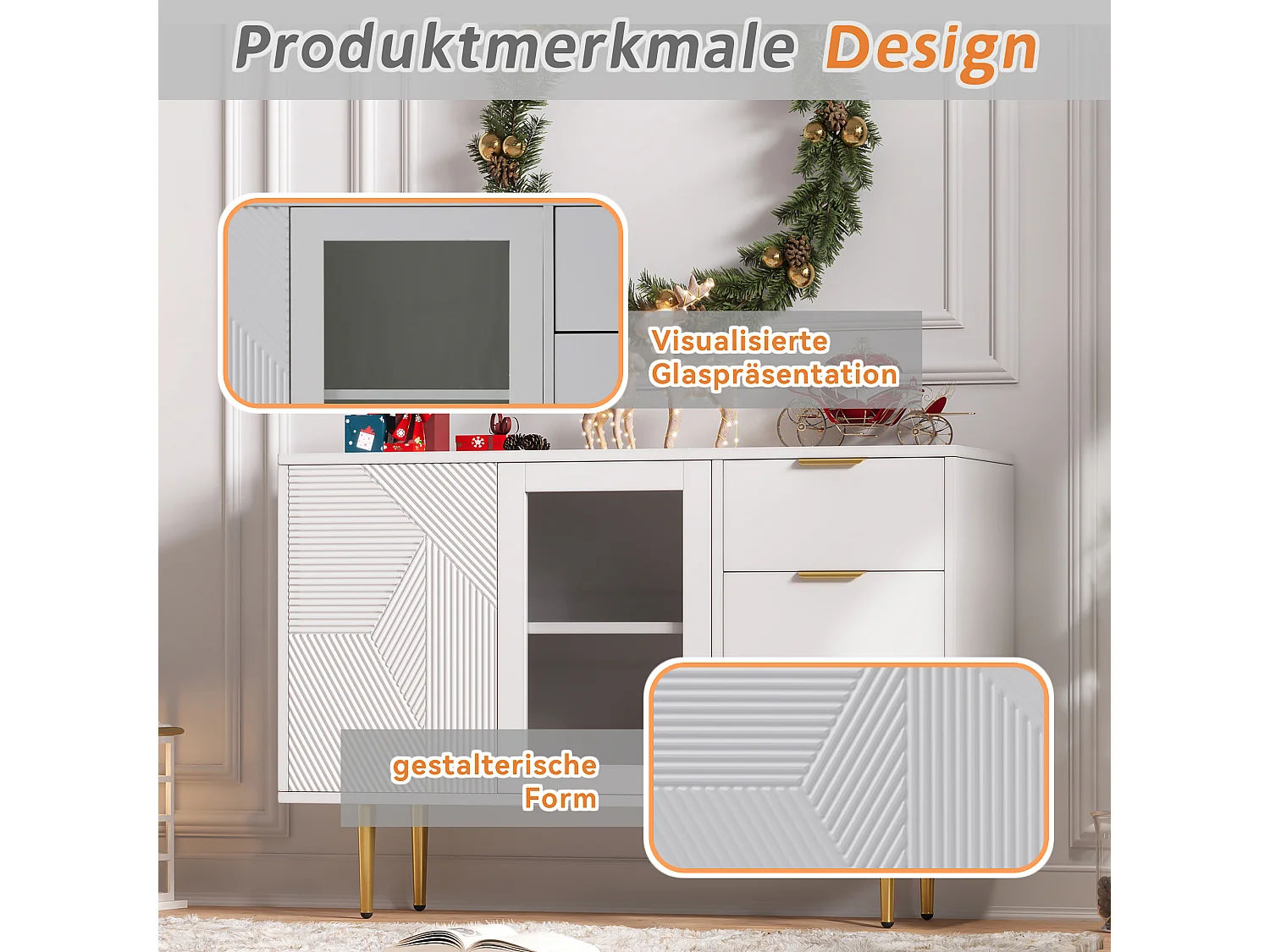 Cômoda com 3 gavetas e 2 portas, com pés de madeira e portas de vidro, aglomerado, branco, 120 x 38 x 79,5 cm