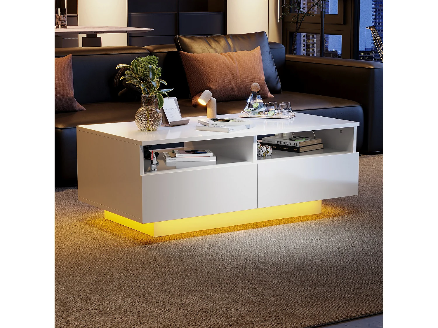 Rechthoekige salontafel met 2 laden en 2 vakken - 70 x 70 x 35cm - LEDs - spaanplaat - glanzend wit