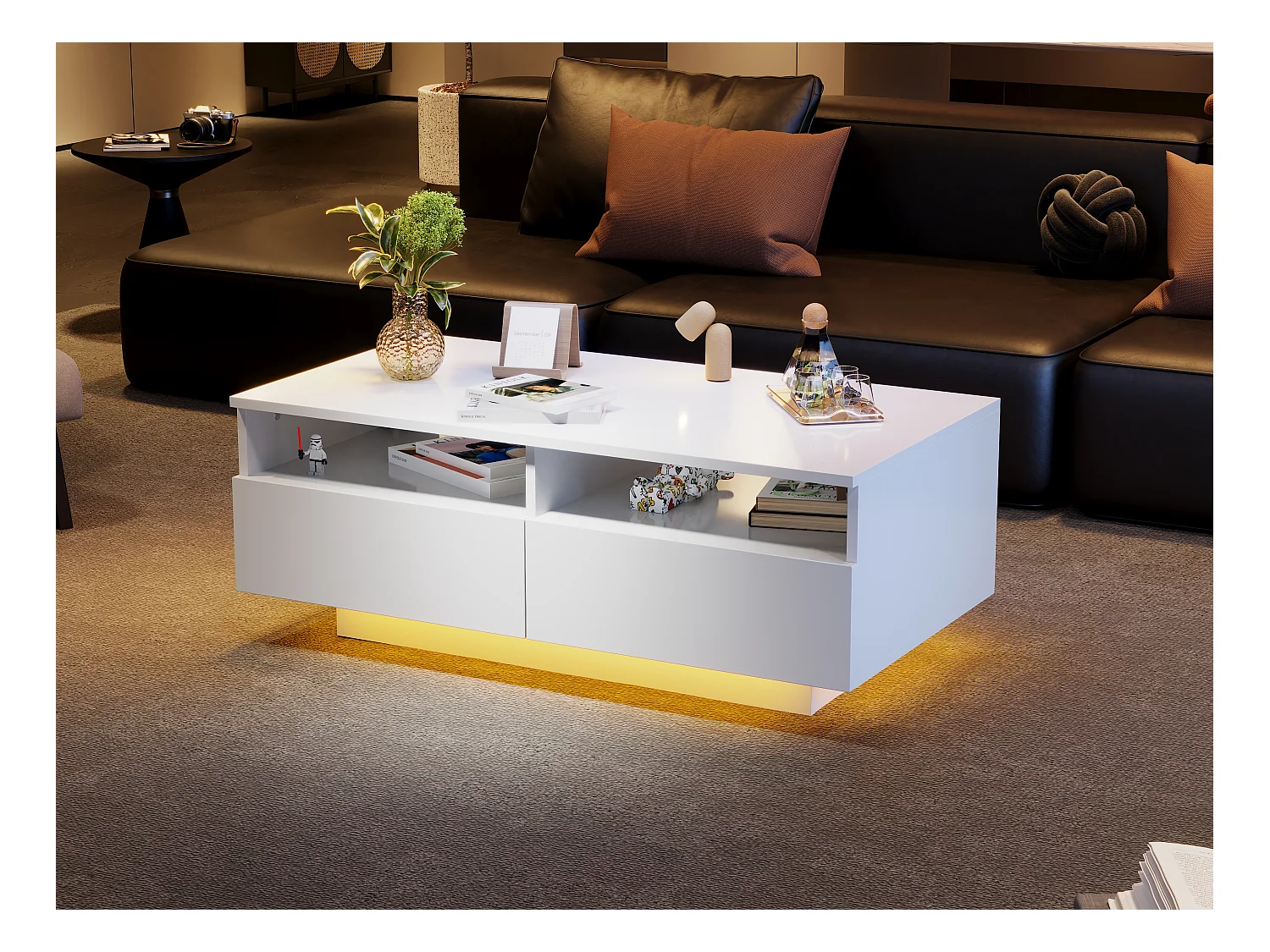 Rechthoekige salontafel met 2 laden en 2 vakken - 70 x 70 x 35cm - LEDs - spaanplaat - glanzend wit