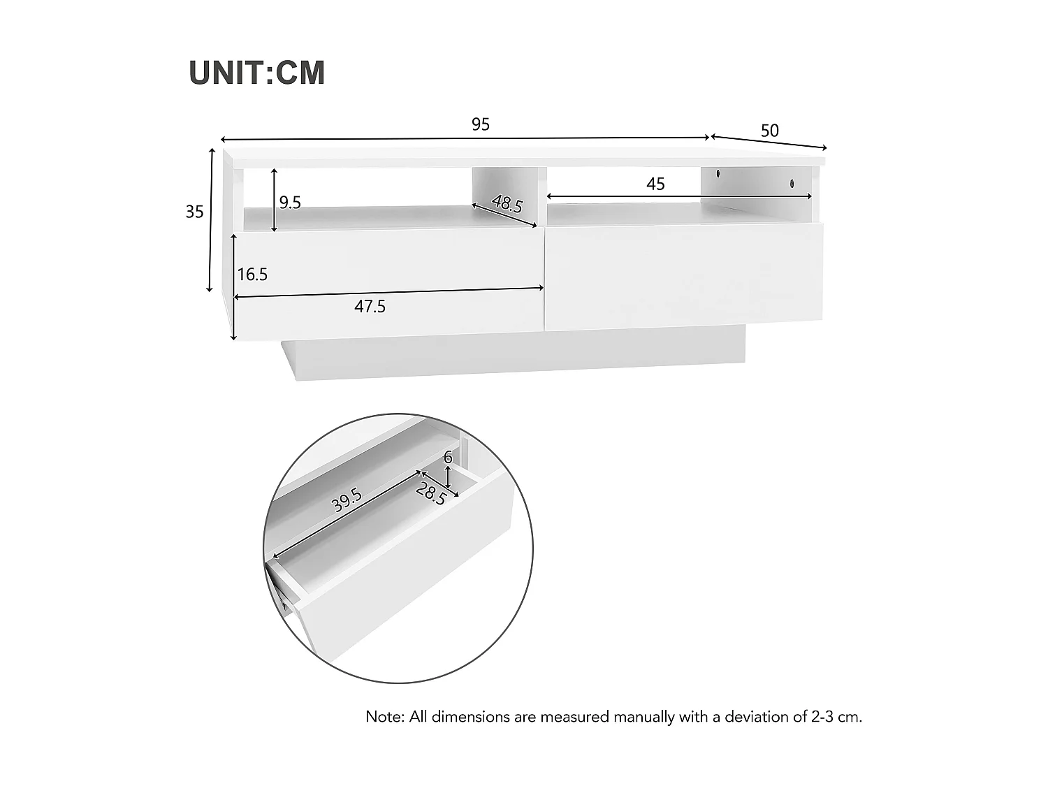 Rechthoekige salontafel met 2 laden en 2 vakken - 70 x 70 x 35cm - LEDs - spaanplaat - glanzend wit