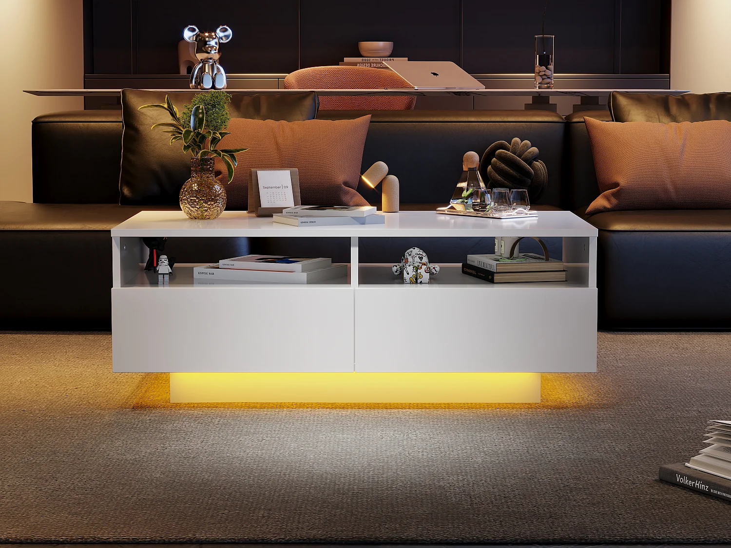 Rechthoekige salontafel met 2 laden en 2 vakken - 70 x 70 x 35cm - LEDs - spaanplaat - glanzend wit