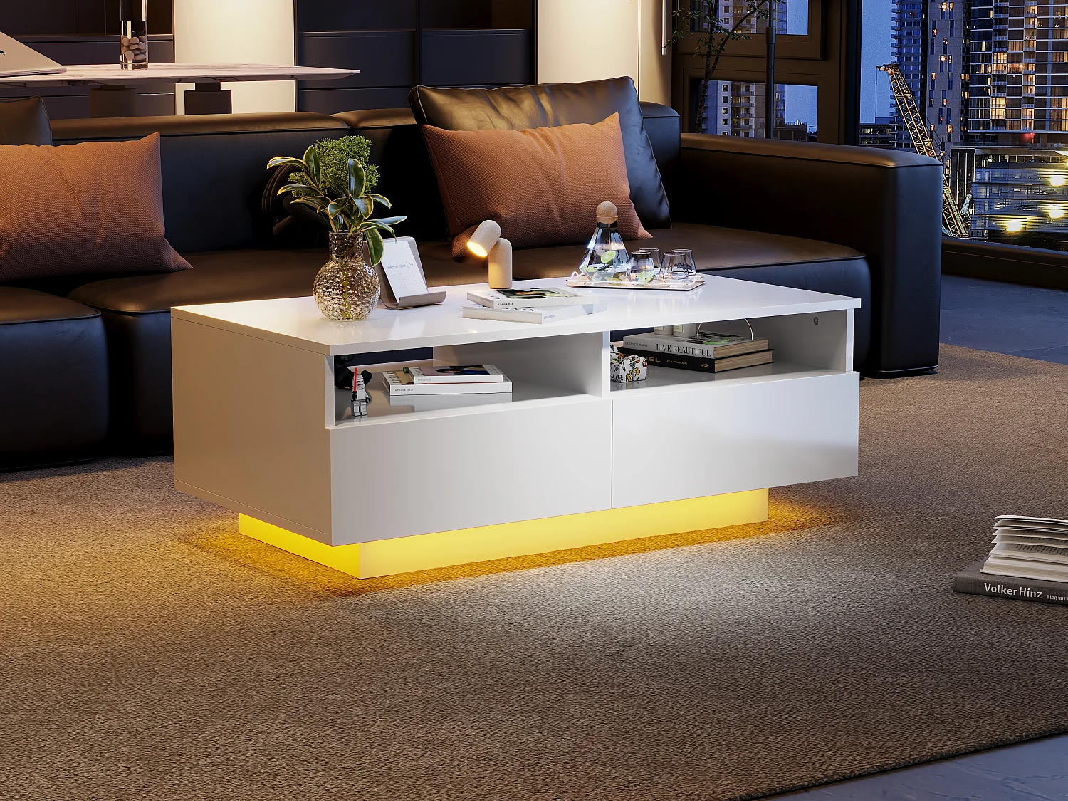 Rechthoekige salontafel met 2 laden en 2 vakken - 70 x 70 x 35cm - LEDs - spaanplaat - glanzend wit