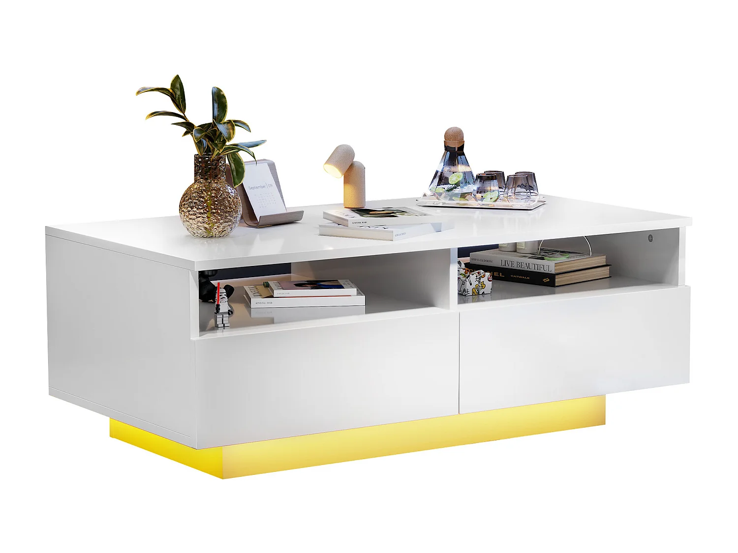 Rechthoekige salontafel met 2 laden en 2 vakken - 70 x 70 x 35cm - LEDs - spaanplaat - glanzend wit