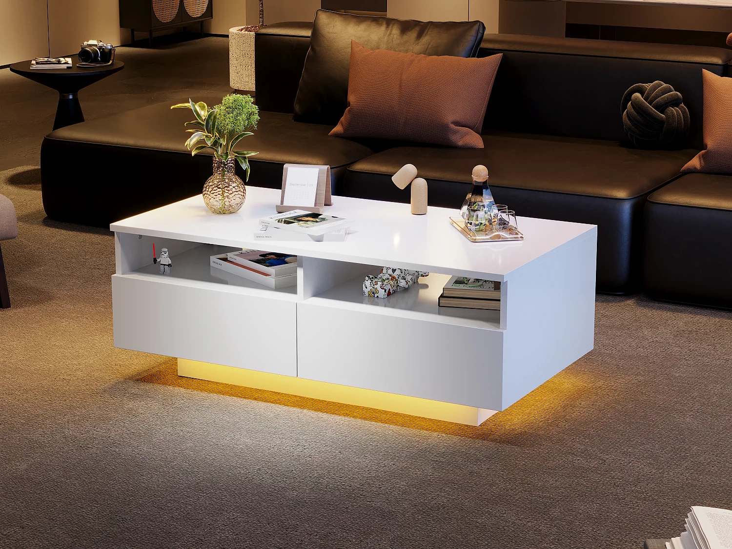 Table basse rectangulaire avec 2 tiroirs et 2 compartiments - 70 x 70 x 35cm - LEDs - panneaux de particules - blanc brillant