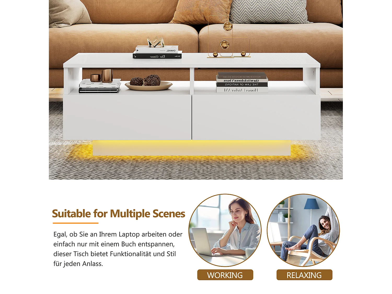 Table basse rectangulaire avec 2 tiroirs et 2 compartiments - 70 x 70 x 35cm - LEDs - panneaux de particules - blanc brillant