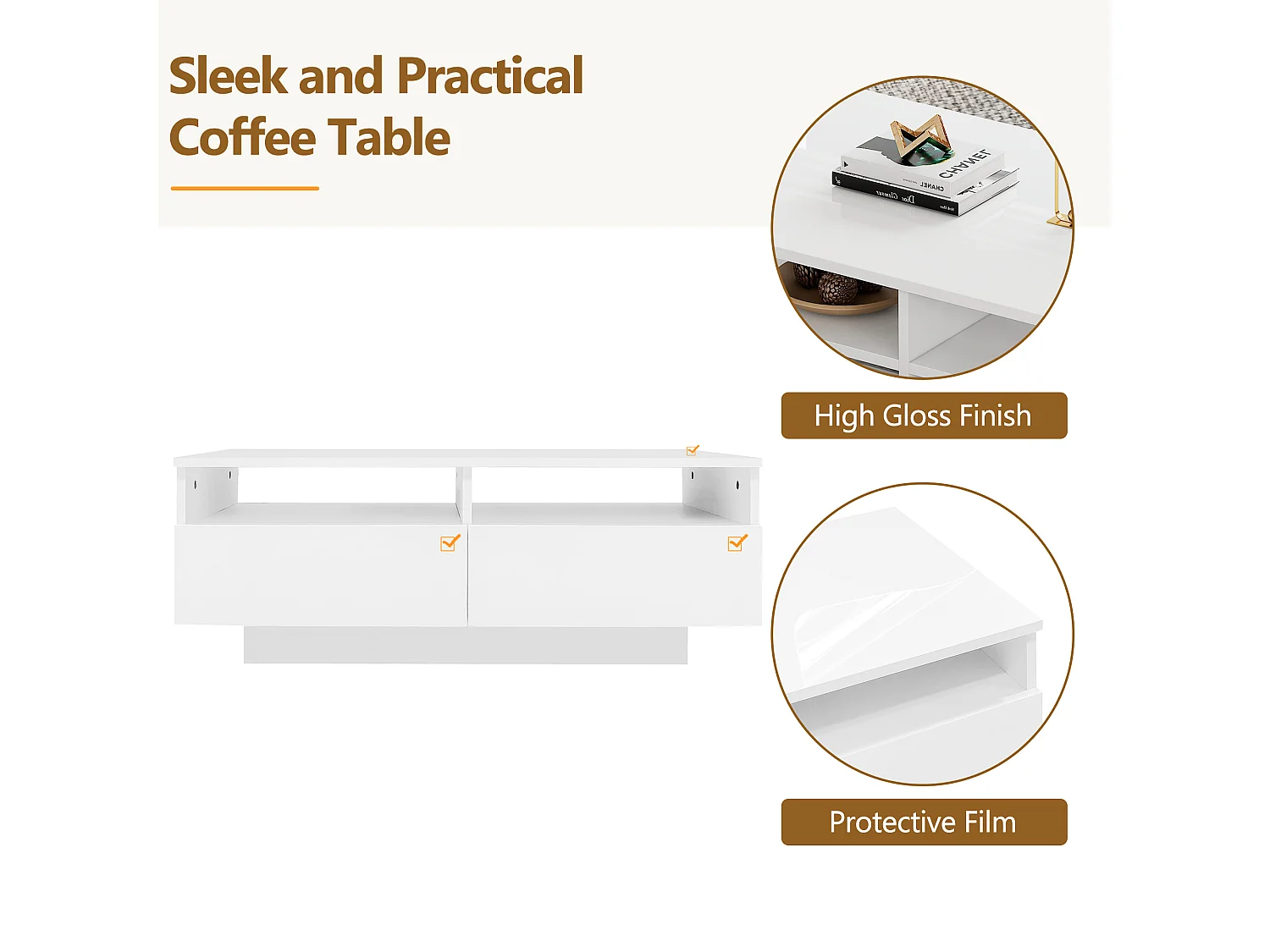 Table basse rectangulaire avec 2 tiroirs et 2 compartiments - 70 x 70 x 35cm - LEDs - panneaux de particules - blanc brillant