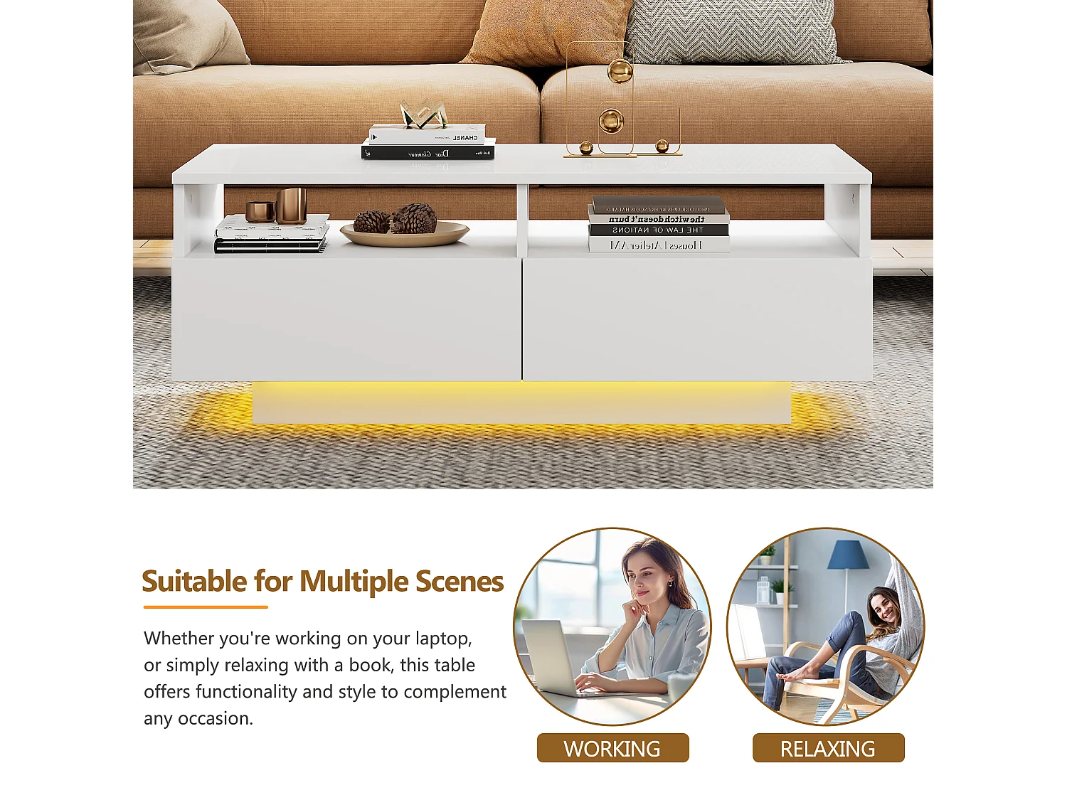 Table basse rectangulaire avec 2 tiroirs et 2 compartiments - 70 x 70 x 35cm - LEDs - panneaux de particules - blanc brillant