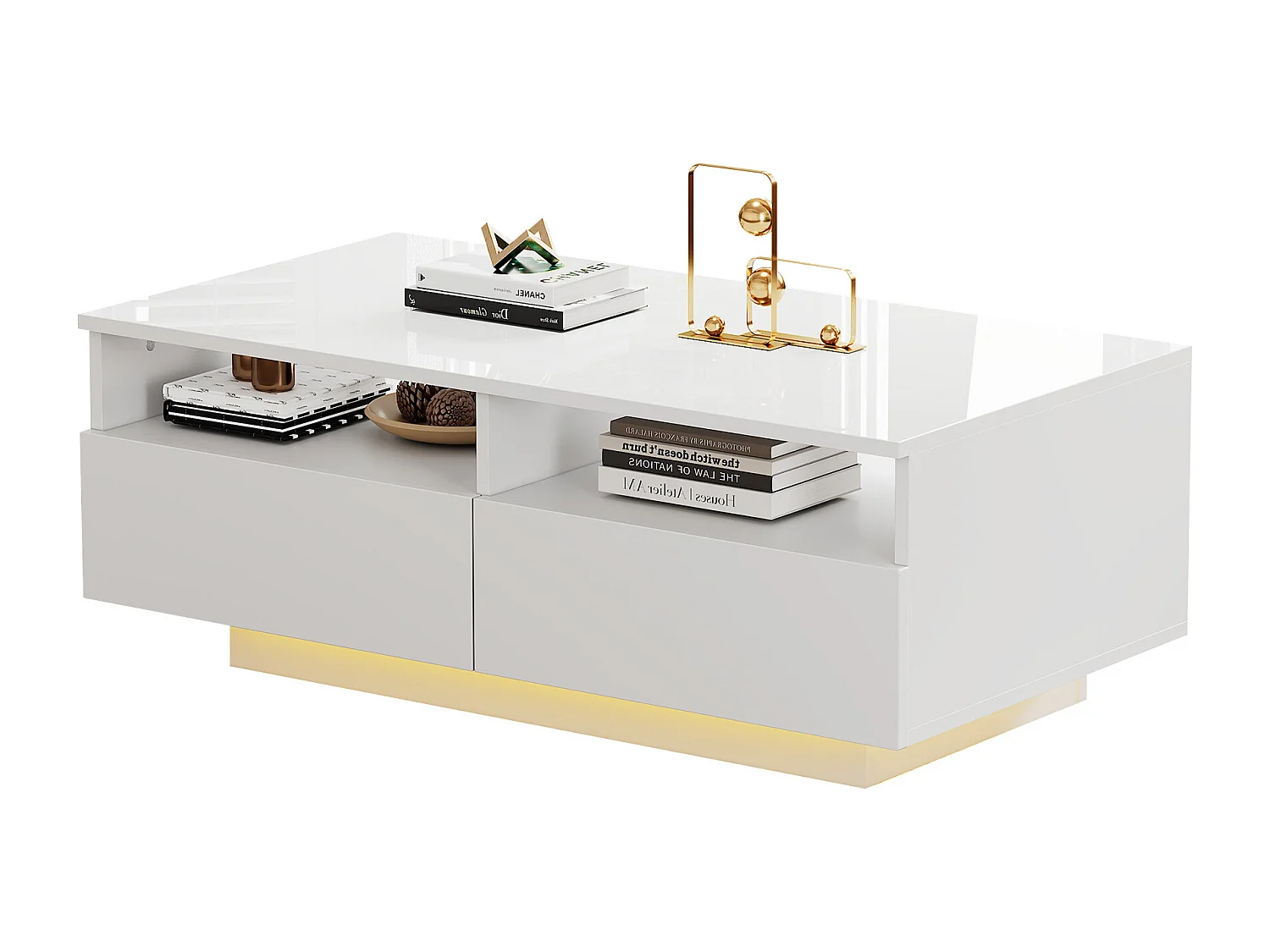 Table basse rectangulaire avec 2 tiroirs et 2 compartiments - 70 x 70 x 35cm - LEDs - panneaux de particules - blanc brillant