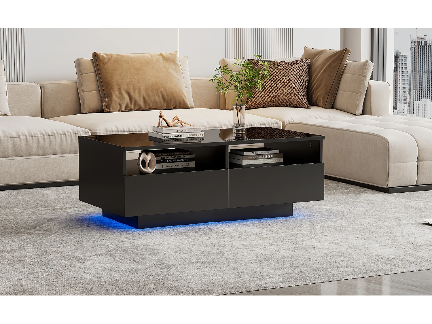 Mesa de centro retangular com 2 gavetas e 2 compartimentos - 70 x 70 x 35cm - LEDs - aglomerado - preto brilhante