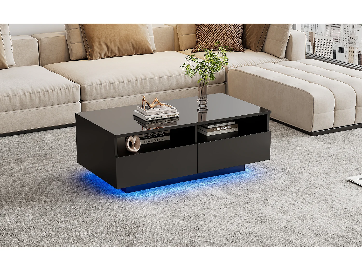 Mesa de centro retangular com 2 gavetas e 2 compartimentos - 70 x 70 x 35cm - LEDs - aglomerado - preto brilhante