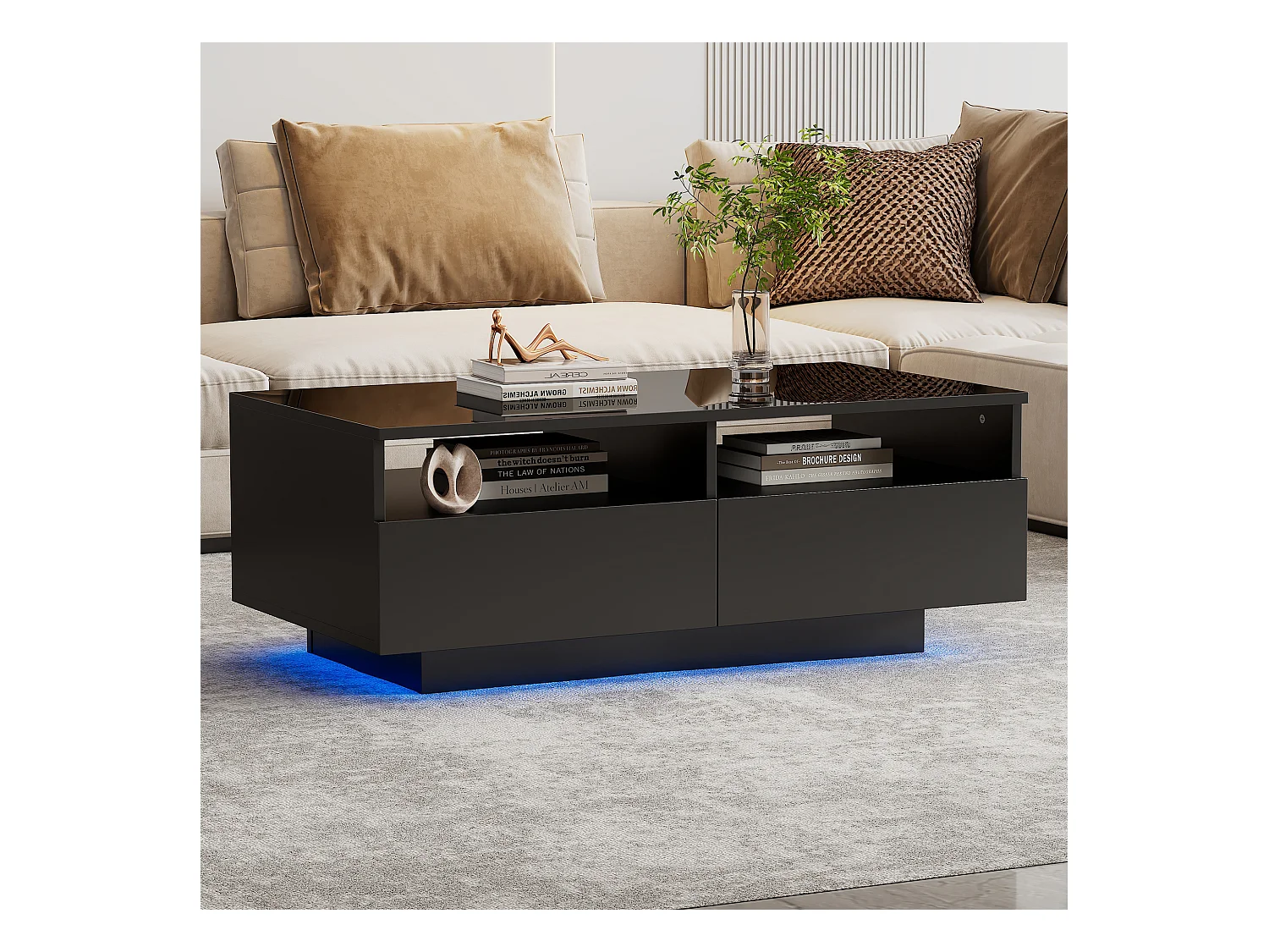 Table basse rectangulaire avec 2 tiroirs et 2 compartiments - 70 x 70 x 35cm - LEDs - panneaux de particules - noir brillant