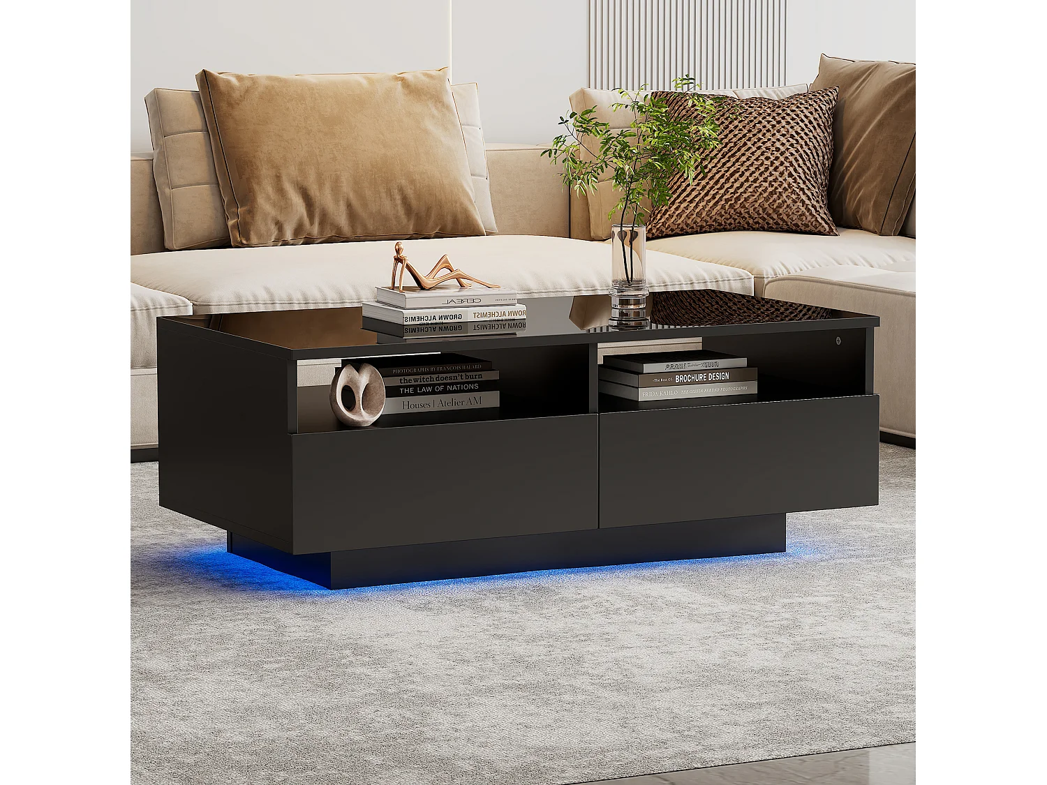 Table basse rectangulaire avec 2 tiroirs et 2 compartiments - 70 x 70 x 35cm - LEDs - panneaux de particules - noir brillant