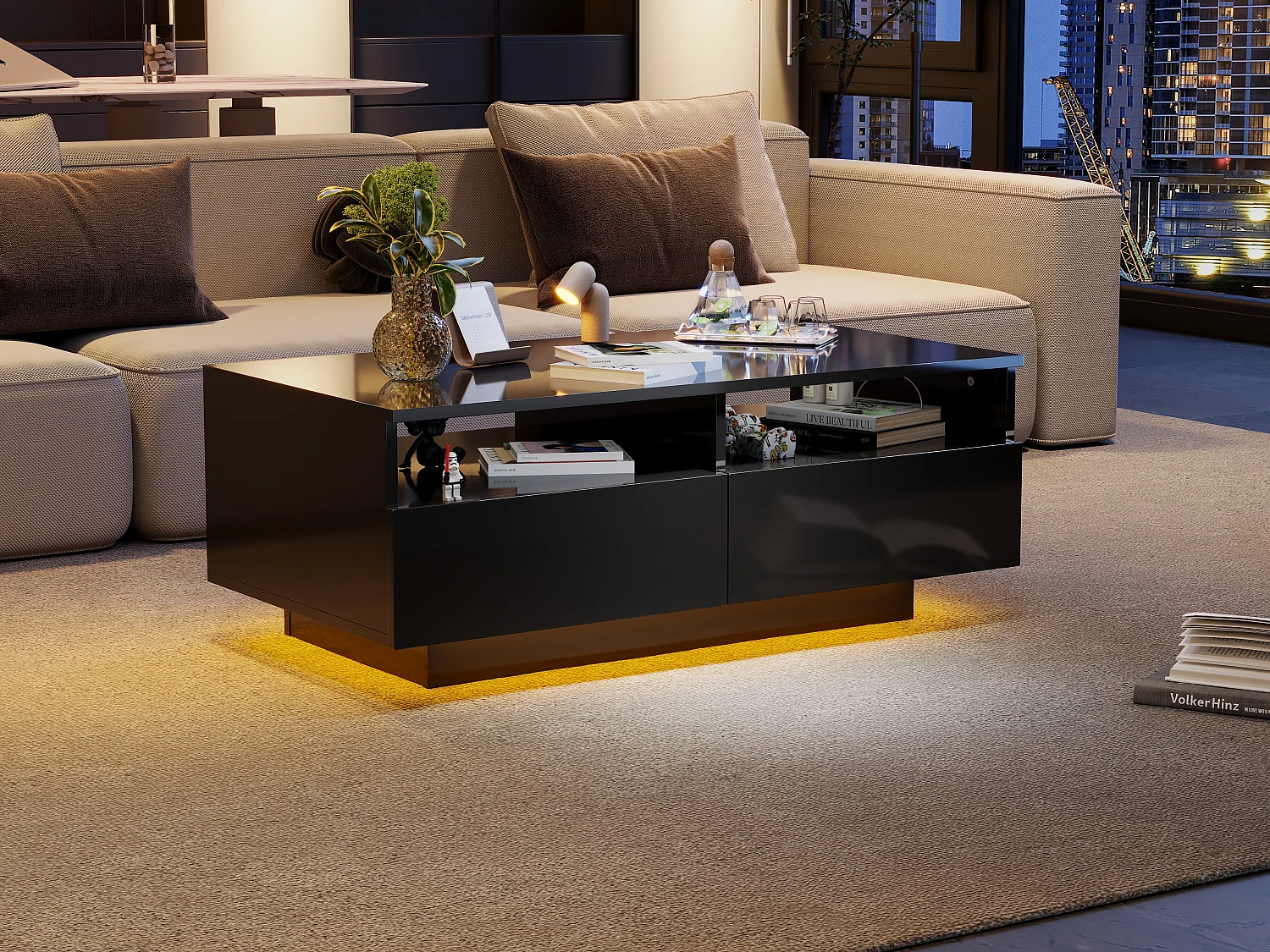 Table basse rectangulaire avec 2 tiroirs et 2 compartiments - 70 x 70 x 35cm - LEDs - panneaux de particules - noir brillant