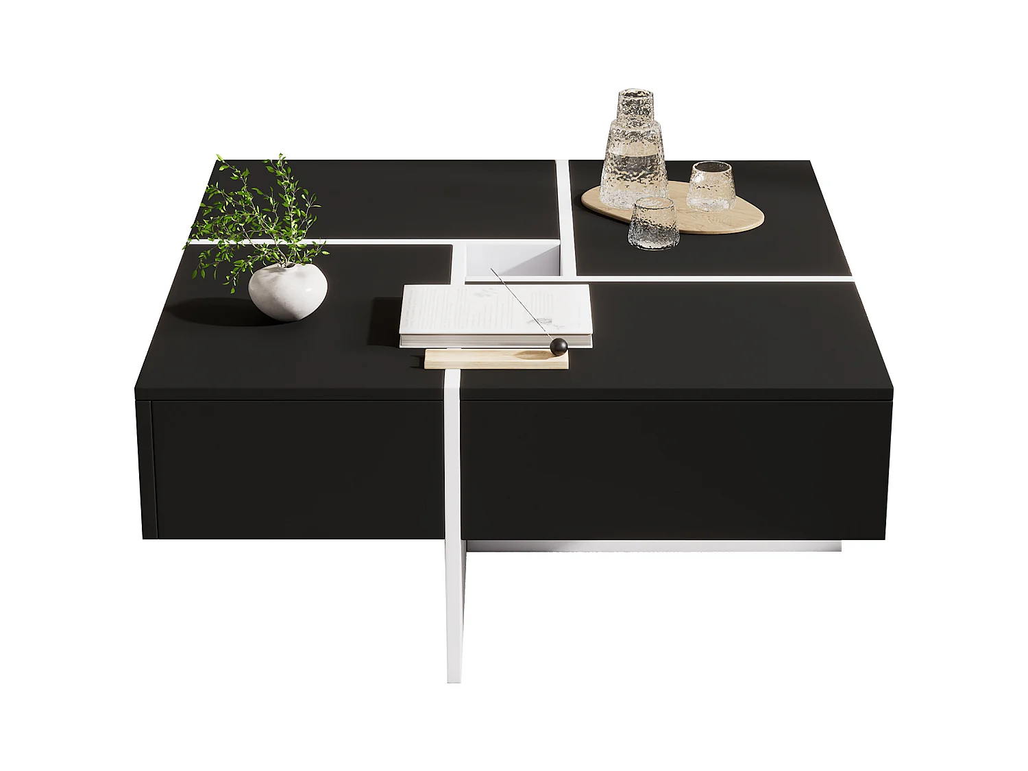 Table basse carrée moderne 70 x 70 x 35 cm - avec compartiment de rangement central de 10 x 10 cm – panneaux de particules - noir