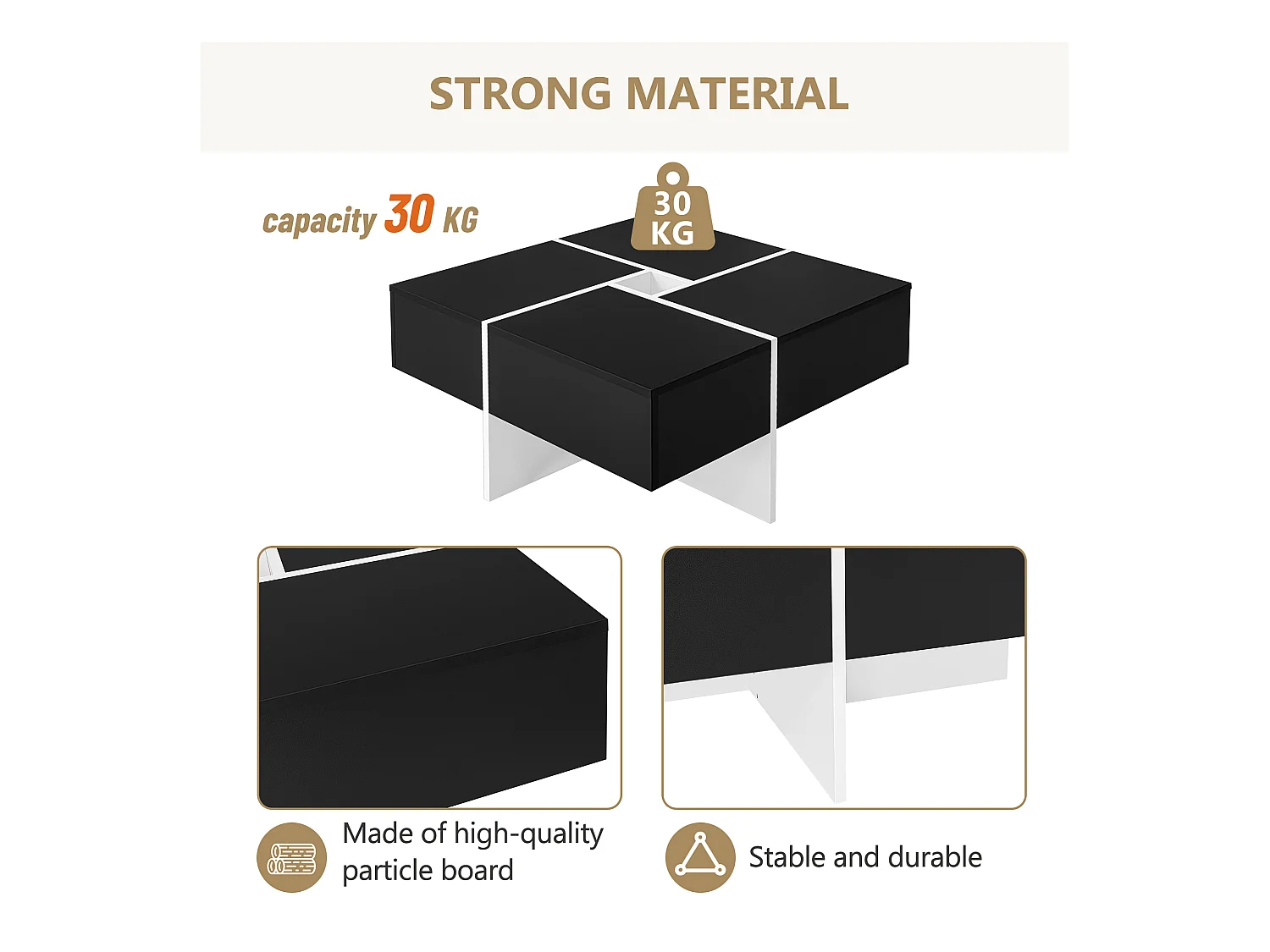 Table basse carrée moderne 70 x 70 x 35 cm - avec compartiment de rangement central de 10 x 10 cm – panneaux de particules - noir