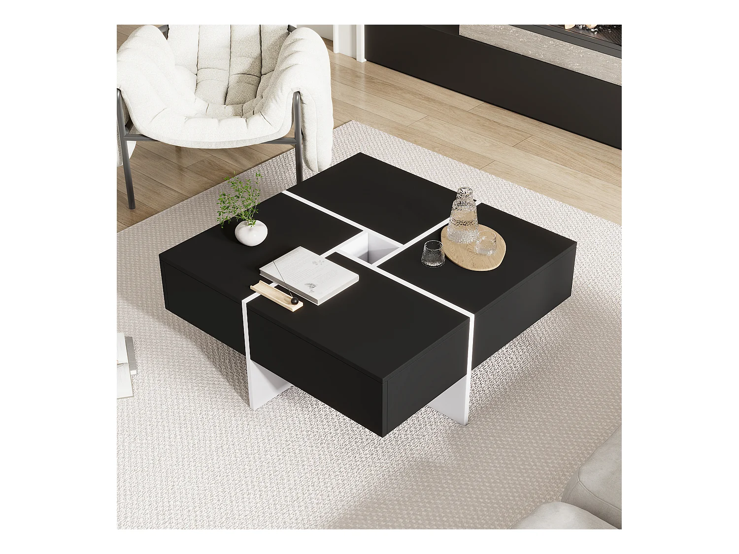 Table basse carrée moderne 70 x 70 x 35 cm - avec compartiment de rangement central de 10 x 10 cm – panneaux de particules - noir
