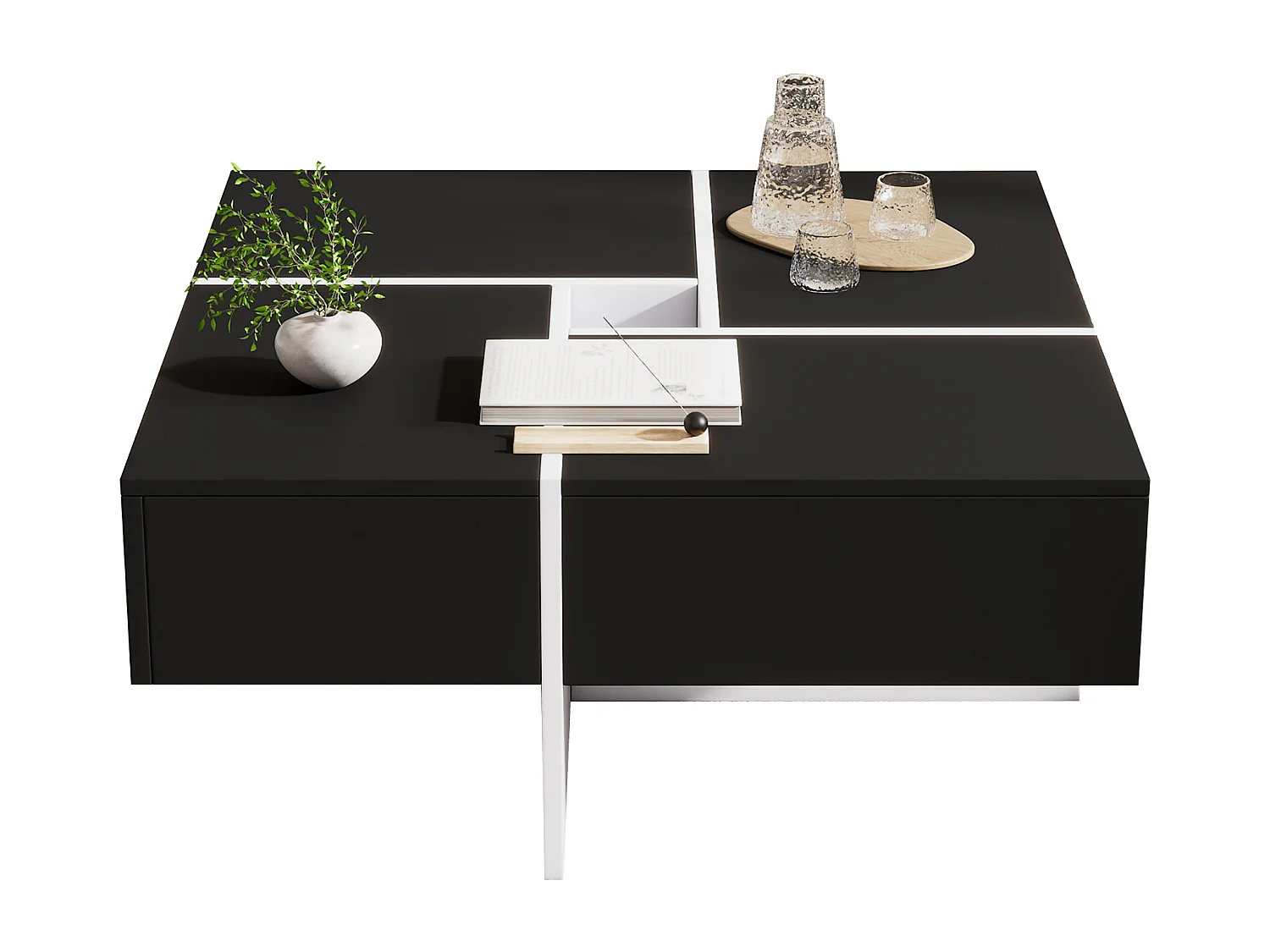 Table basse carrée moderne 70 x 70 x 35 cm - avec compartiment de rangement central de 10 x 10 cm – panneaux de particules - noir