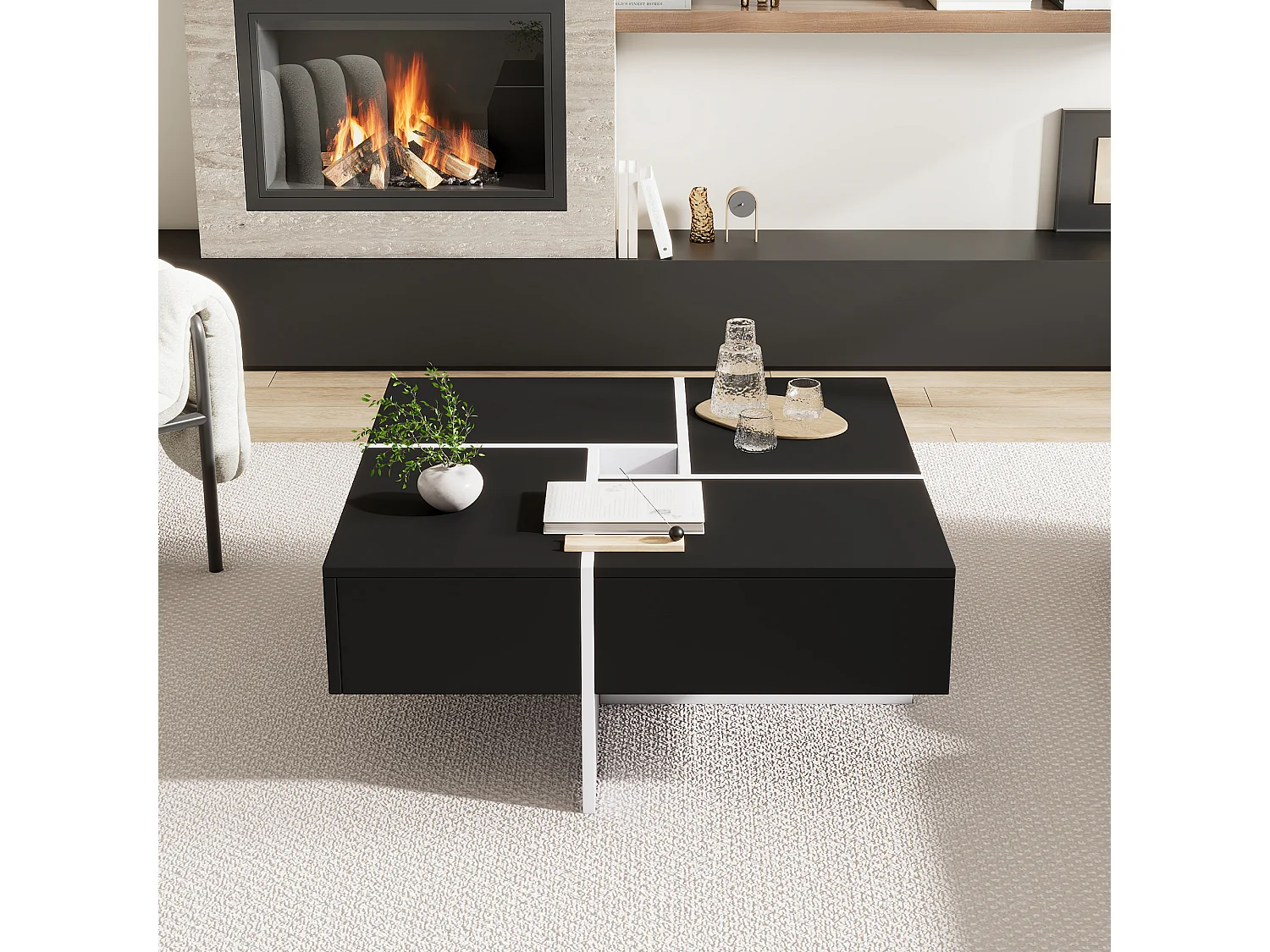 Table basse carrée moderne 70 x 70 x 35 cm - avec compartiment de rangement central de 10 x 10 cm – panneaux de particules - noir