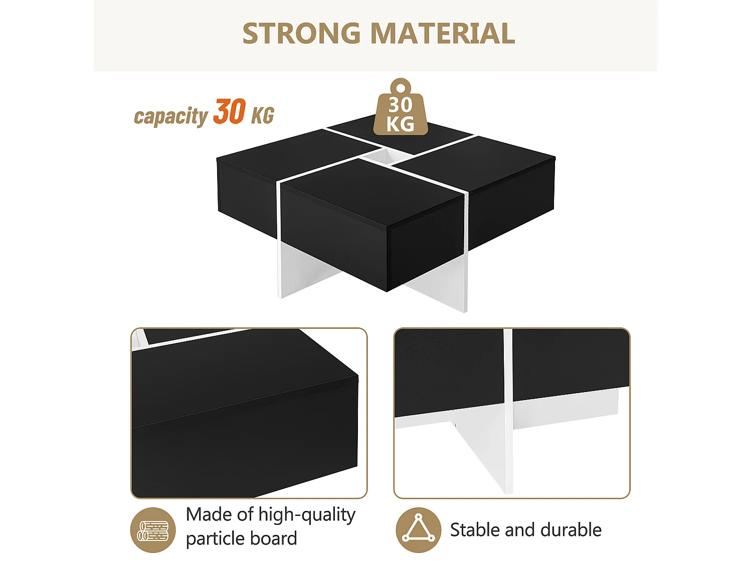 Table basse carrée moderne 70 x 70 x 35 cm - avec compartiment de rangement central de 10 x 10 cm – panneaux de particules - noir