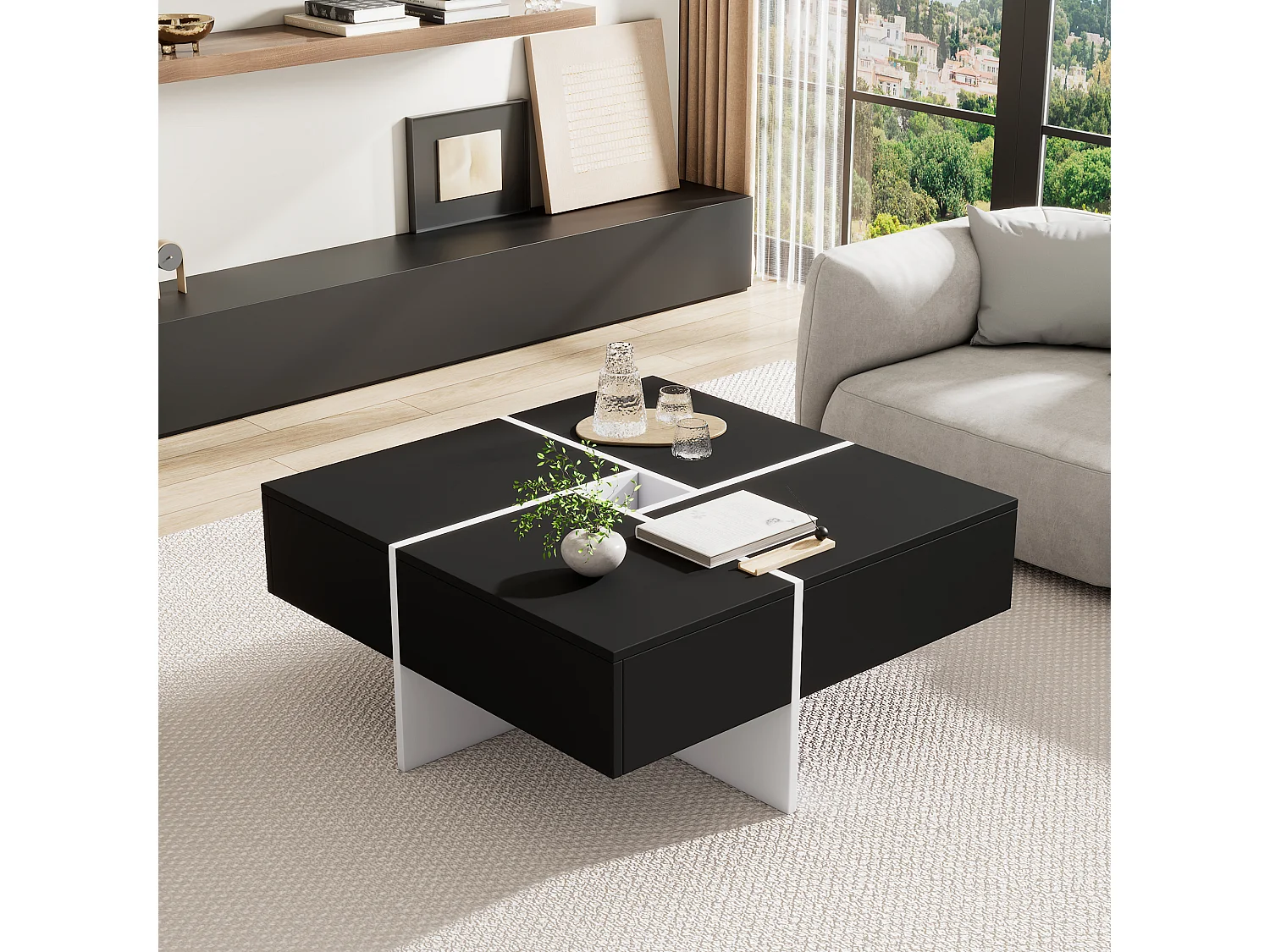 Table basse carrée moderne 70 x 70 x 35 cm - avec compartiment de rangement central de 10 x 10 cm – panneaux de particules - noir