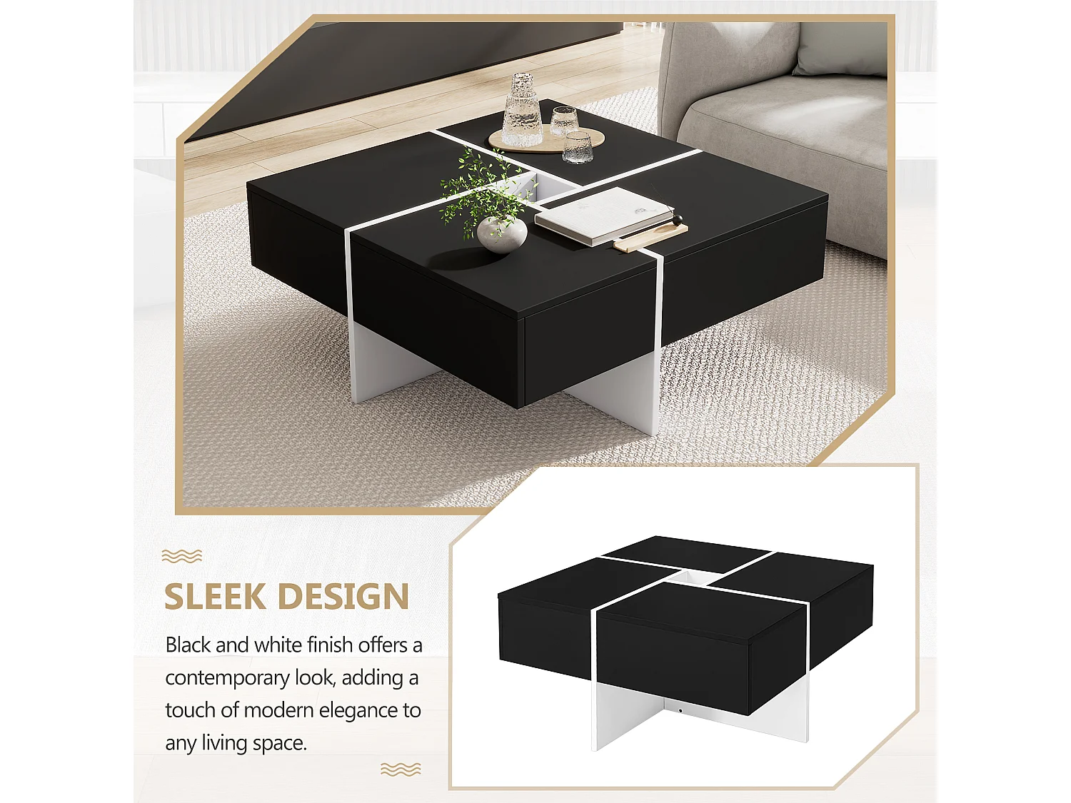 Table basse carrée moderne 70 x 70 x 35 cm - avec compartiment de rangement central de 10 x 10 cm – panneaux de particules - noir