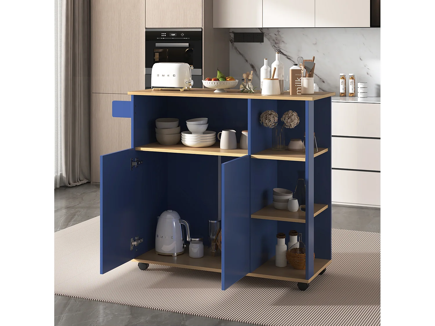 Ilot central de cuisine mobile avec 3 portes et 2 tiroirs - plateau extensible - 129x46/71x91,5 cm - Bois MDF + métal - Bleu marine