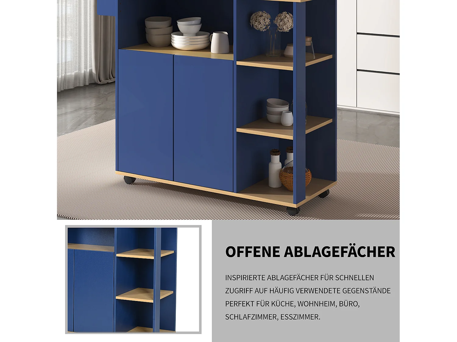 Ilot central de cuisine mobile avec 3 portes et 2 tiroirs - plateau extensible - 129x46/71x91,5 cm - Bois MDF + métal - Bleu marine