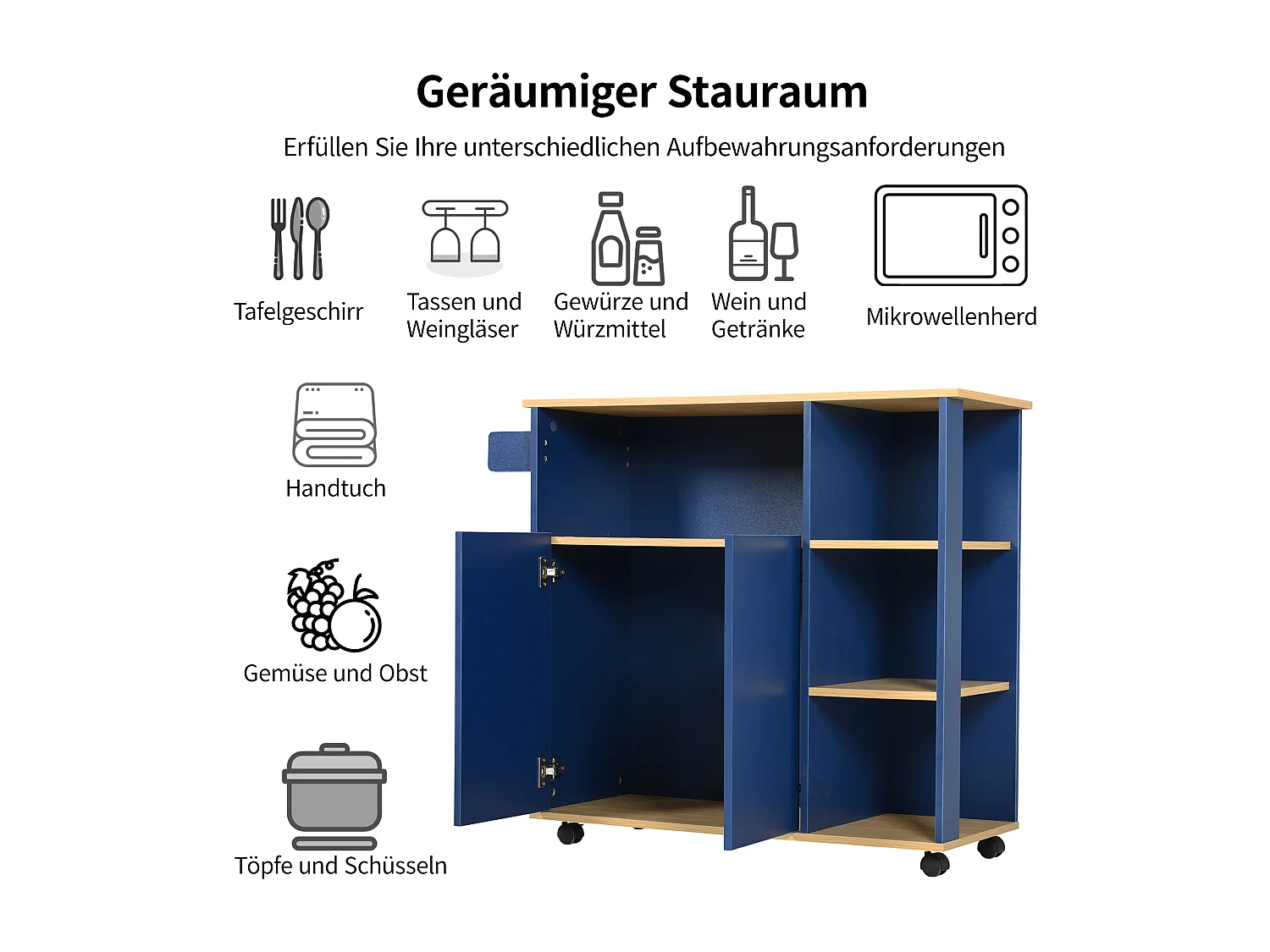 Ilot central de cuisine mobile avec 3 portes et 2 tiroirs - plateau extensible - 129x46/71x91,5 cm - Bois MDF + métal - Bleu marine