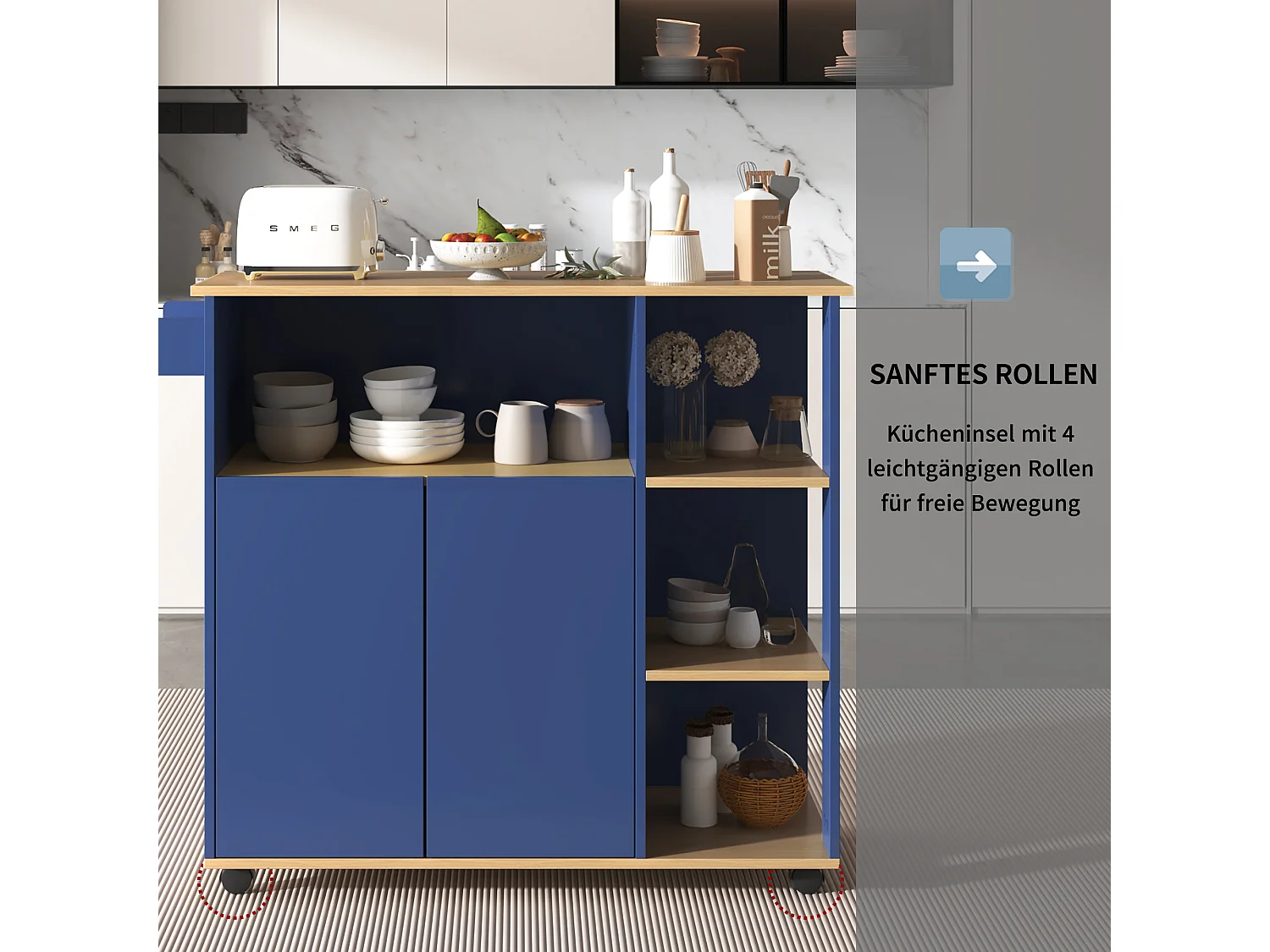Ilot central de cuisine mobile avec 3 portes et 2 tiroirs - plateau extensible - 129x46/71x91,5 cm - Bois MDF + métal - Bleu marine