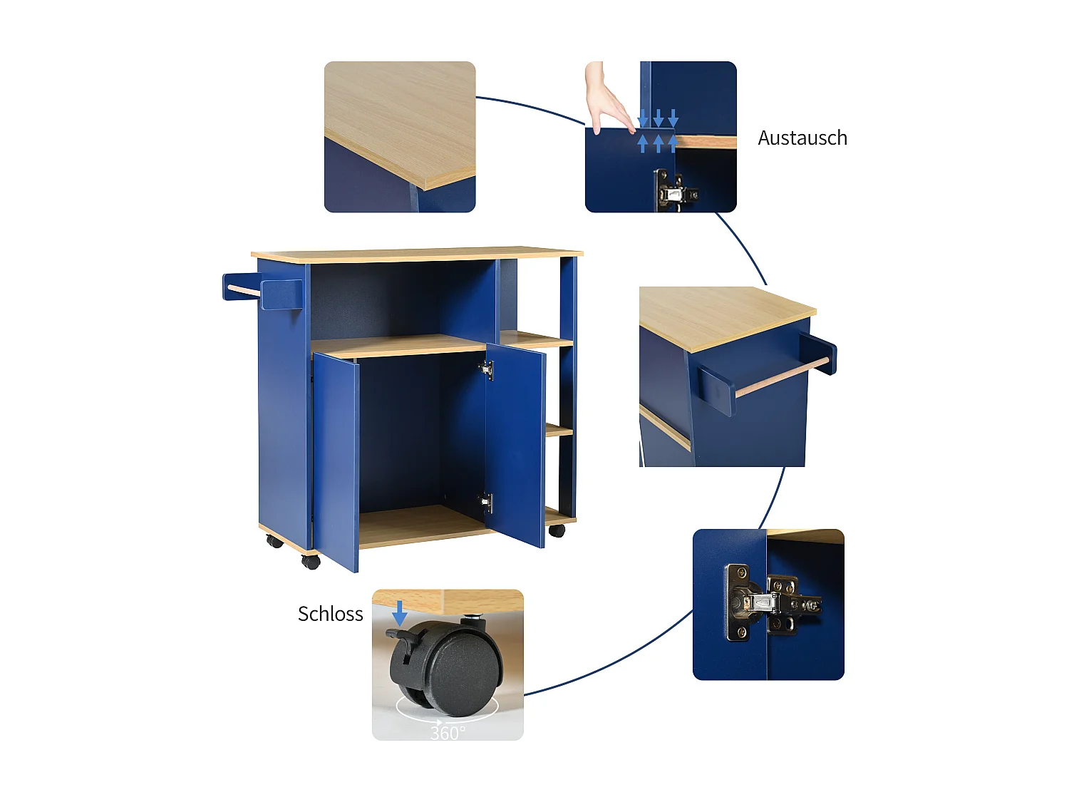 Ilot central de cuisine mobile avec 3 portes et 2 tiroirs - plateau extensible - 129x46/71x91,5 cm - Bois MDF + métal - Bleu marine