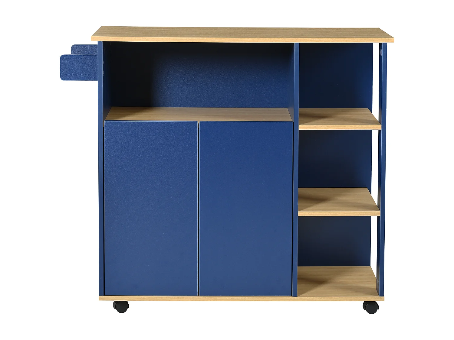 Ilot central de cuisine mobile avec 3 portes et 2 tiroirs - plateau extensible - 129x46/71x91,5 cm - Bois MDF + métal - Bleu marine