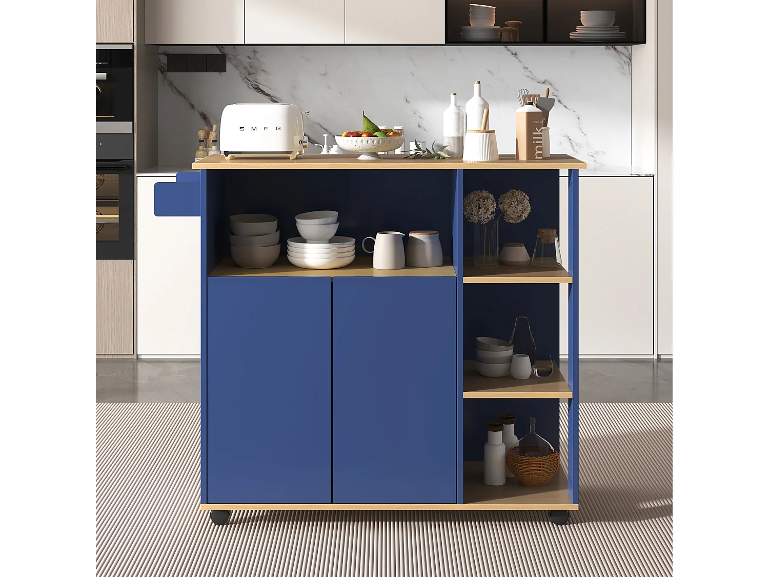 Ilot central de cuisine mobile avec 3 portes et 2 tiroirs - plateau extensible - 129x46/71x91,5 cm - Bois MDF + métal - Bleu marine