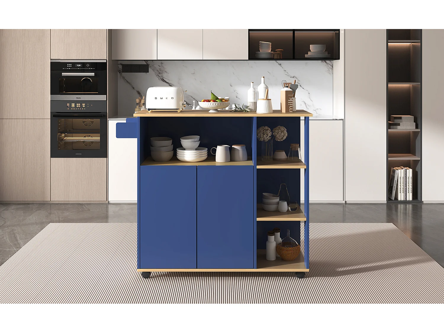 Ilot central de cuisine mobile avec 3 portes et 2 tiroirs - plateau extensible - 129x46/71x91,5 cm - Bois MDF + métal - Bleu marine