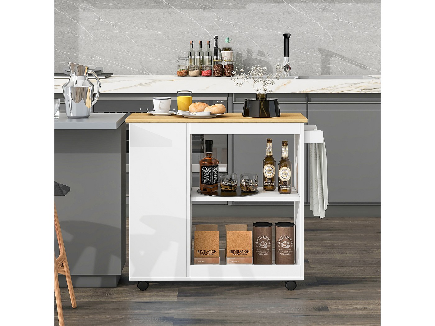 Isola Centrale Cucina IDMarket UGO 110 Cm – Piano In Legno Grigio E Bianco Con Contenitori E Ripiani