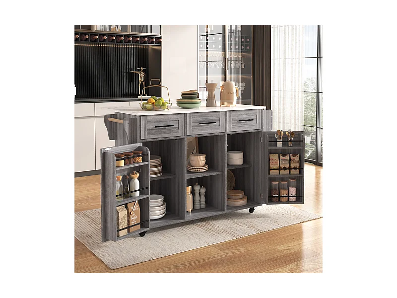 Ilot central de cuisine mobile avec 2 portes et 3 tiroirs - plateau extensible - 129x46/71x91,5 cm - Bois MDF + métal - Gris+ blanc