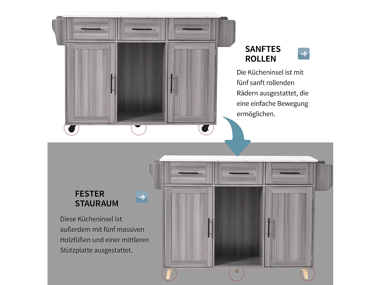 Isola cucina mobile centrale con 2 ante e 3 cassetti - piano allungabile - 129x46/71x91,5 cm - Legno MDF + metallo - Grigio + bianco