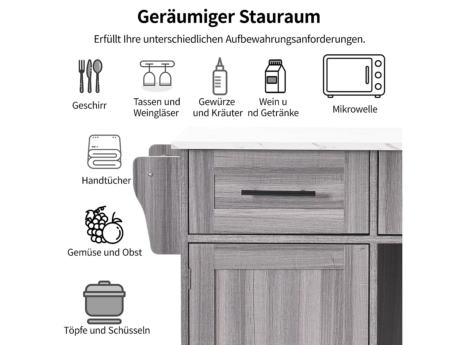 Isola cucina mobile centrale con 2 ante e 3 cassetti - piano allungabile - 129x46/71x91,5 cm - Legno MDF + metallo - Grigio + bianco