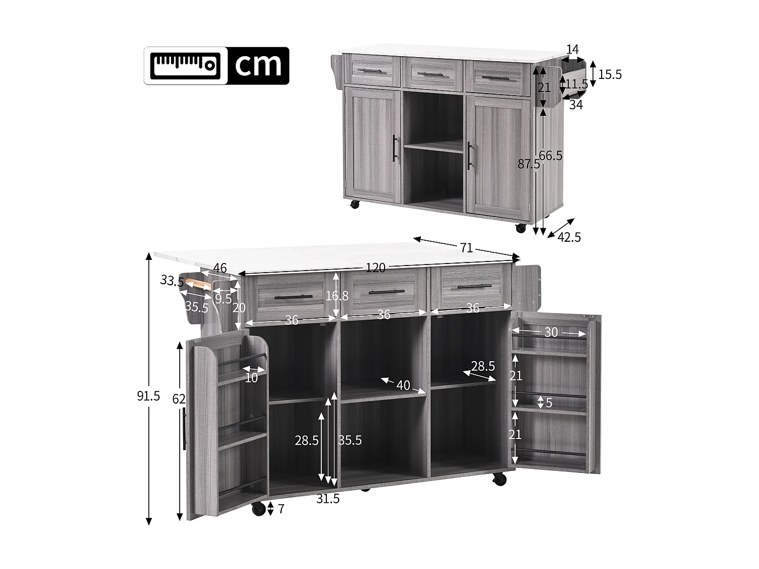 Isola cucina mobile centrale con 2 ante e 3 cassetti - piano allungabile - 129x46/71x91,5 cm - Legno MDF + metallo - Grigio + bianco
