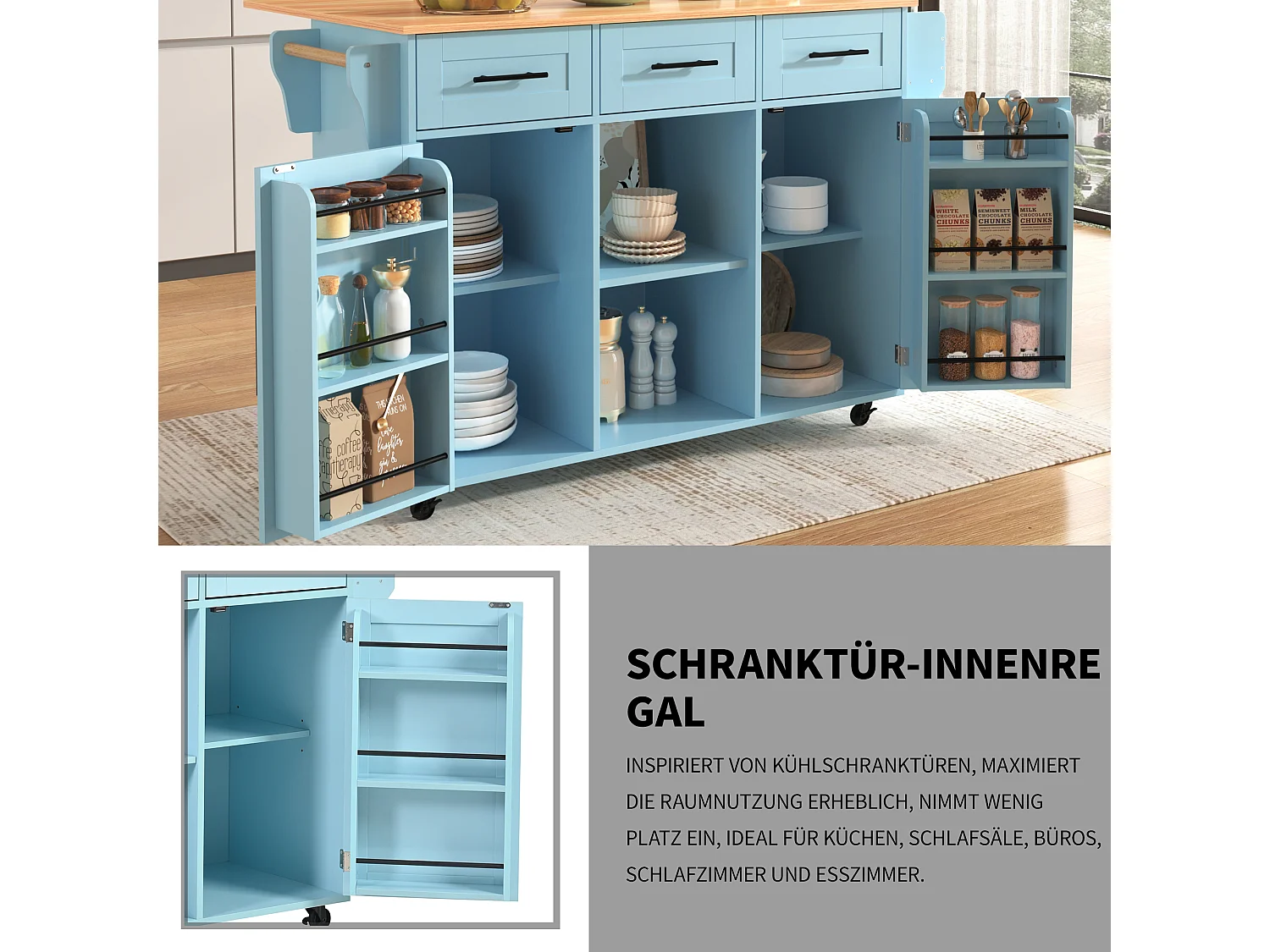 Ilha central móvel de cozinha com 2 portas e 3 gavetas - tampo extensível - 129x46/71x91,5 cm - Madeira MDF + metal - Azul + natural